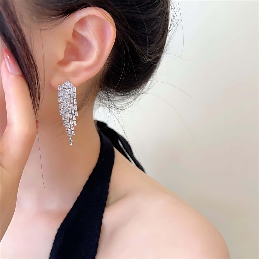 Sparkly Baguette CZ Tassel Waterfall Earrings for Women - Elegant Crystal Drop Dangle Earrings for Party, Wedding & Evening Wear | A7616