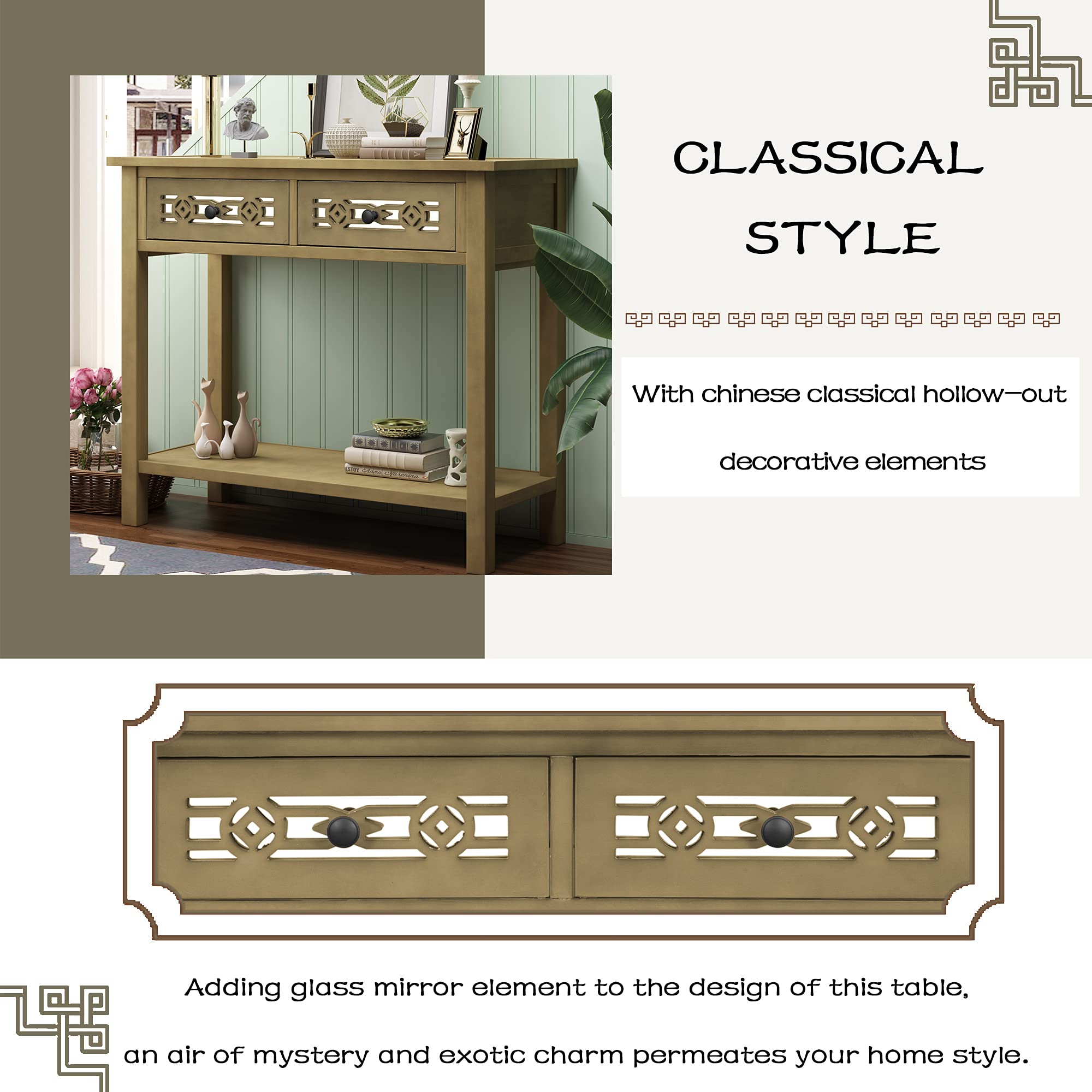 RUNNA Classic Console Table with Hollow-Out Design, Sofa Side Table with 2 Drawers & Open Shelf, Entryway Table for Living Room, Bedroom, Hallway - Gold & Wood Finish | Perfect for Home Decor, Small Space Furniture & Apartment Essentials
