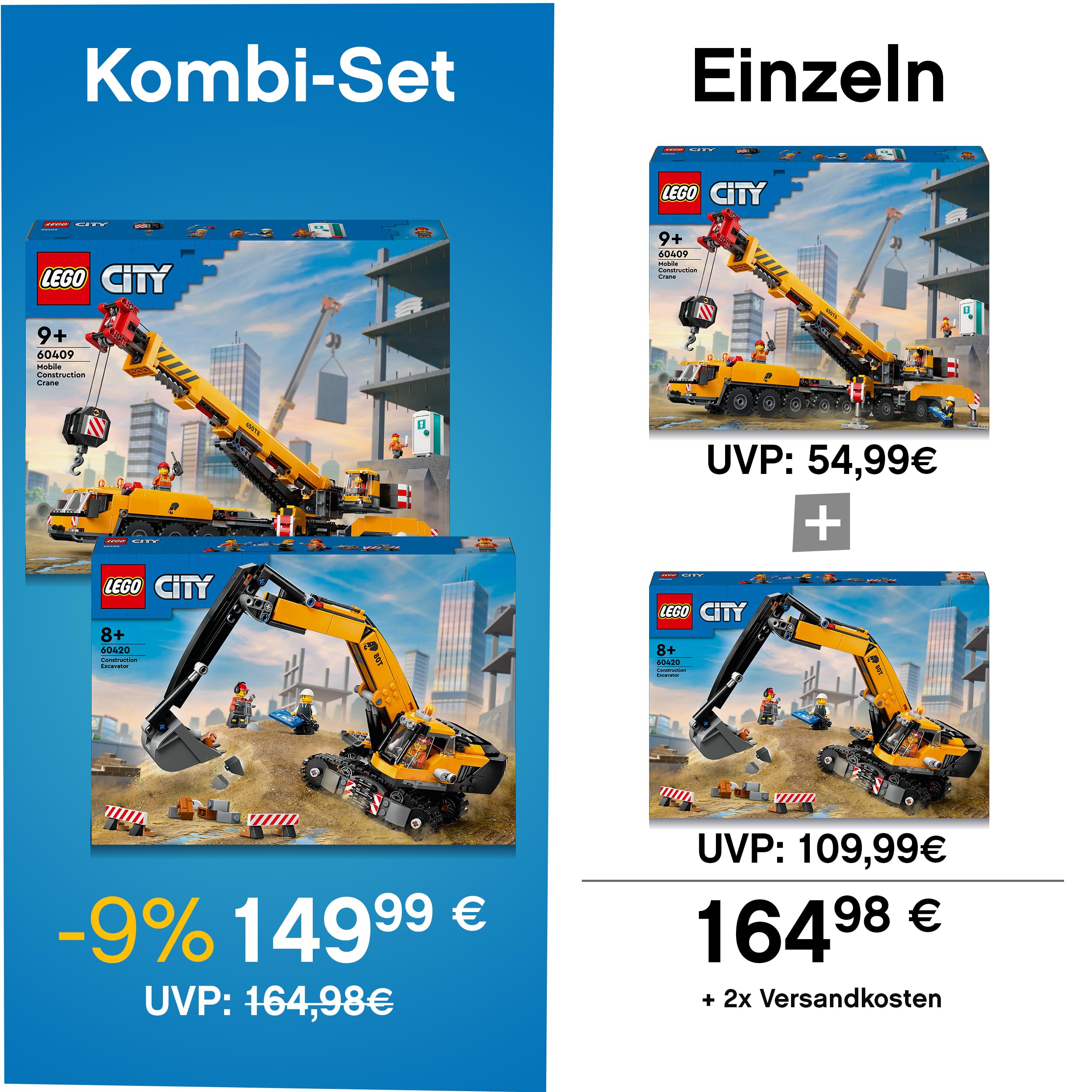 LEGO City Construction Crane & Excavator Set (60409 & 60420) - Mobile Crane & Tracked Digger Building Toy for Kids Ages 9+ - Creative Construction Playset for STEM Learning & Pretend Play