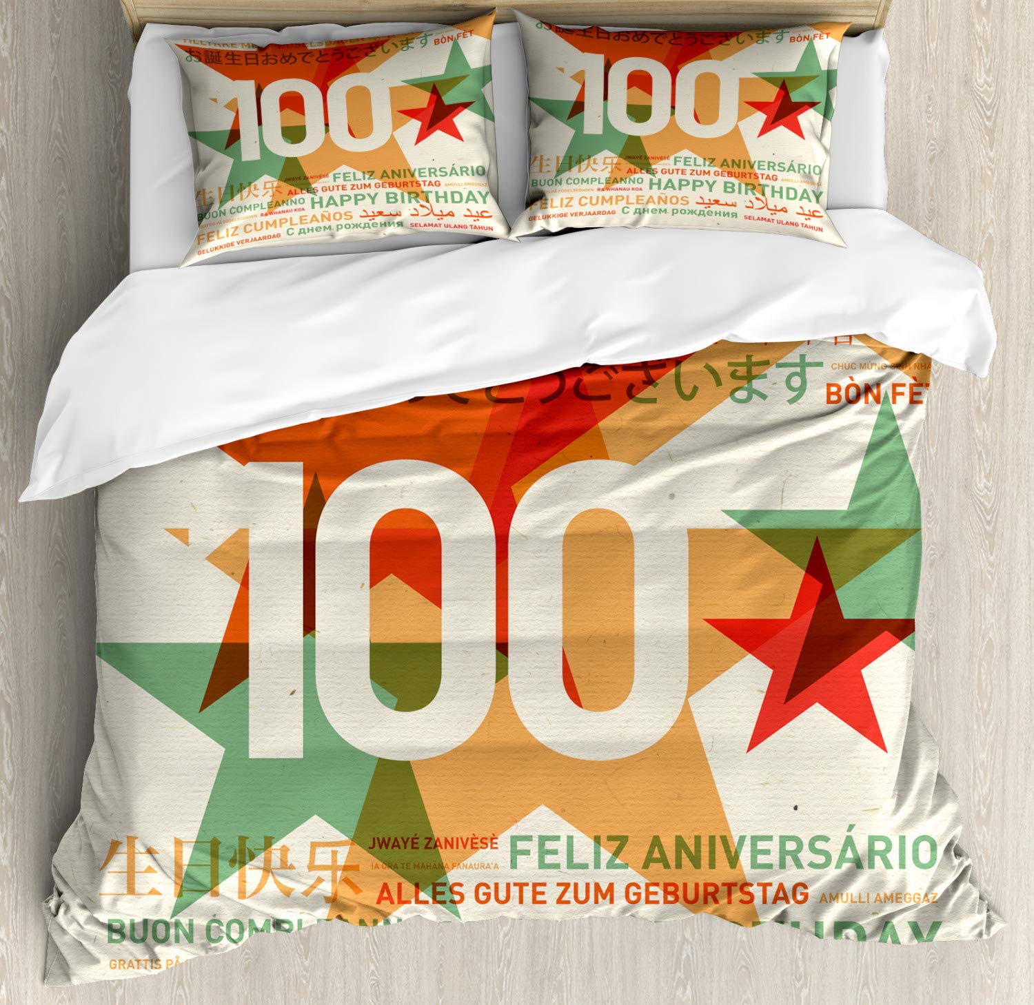 Ambesonne 100th Birthday Duvet Cover Set - King Size 2-Pack with 2 Duvet Covers & 4 Pillowcases - Abstract Multilingual Birthday Design in Pale Green & Vermilion - Perfect for Milestone Celebrations & Guest Room Decor