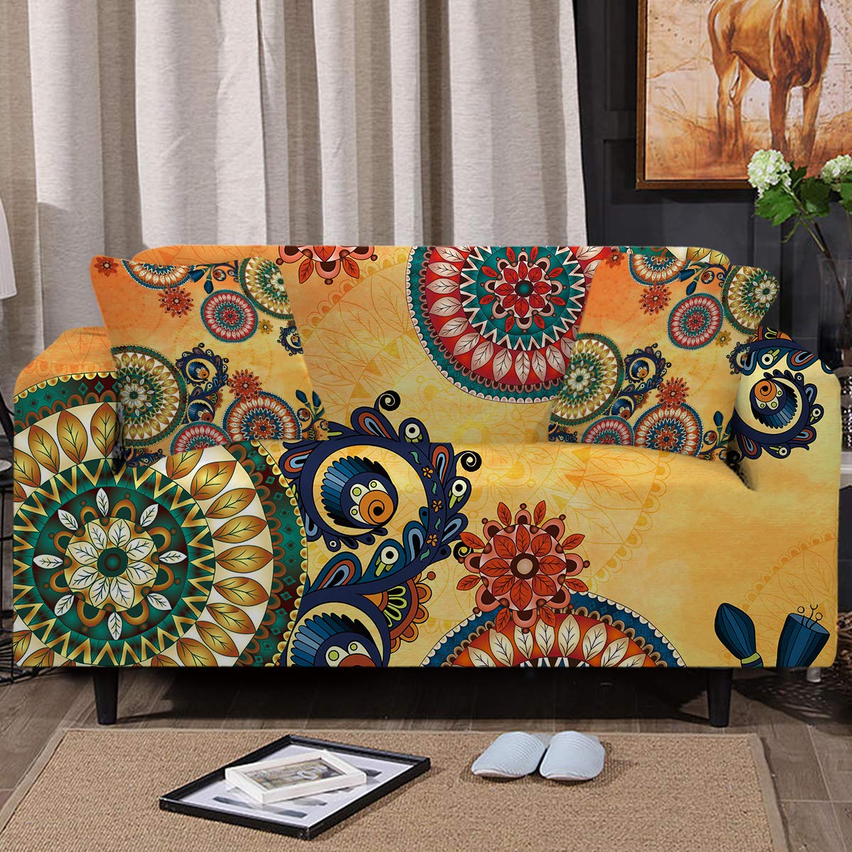 Sleepwish Printed Stretch Sofa Slipcover - 3 Cushion Couch Cover, Loveseat & Armchair Protector | Retro Mandala Design with 2 Free Pillow Covers | Perfect for Living Room, Apartment & Home Decor