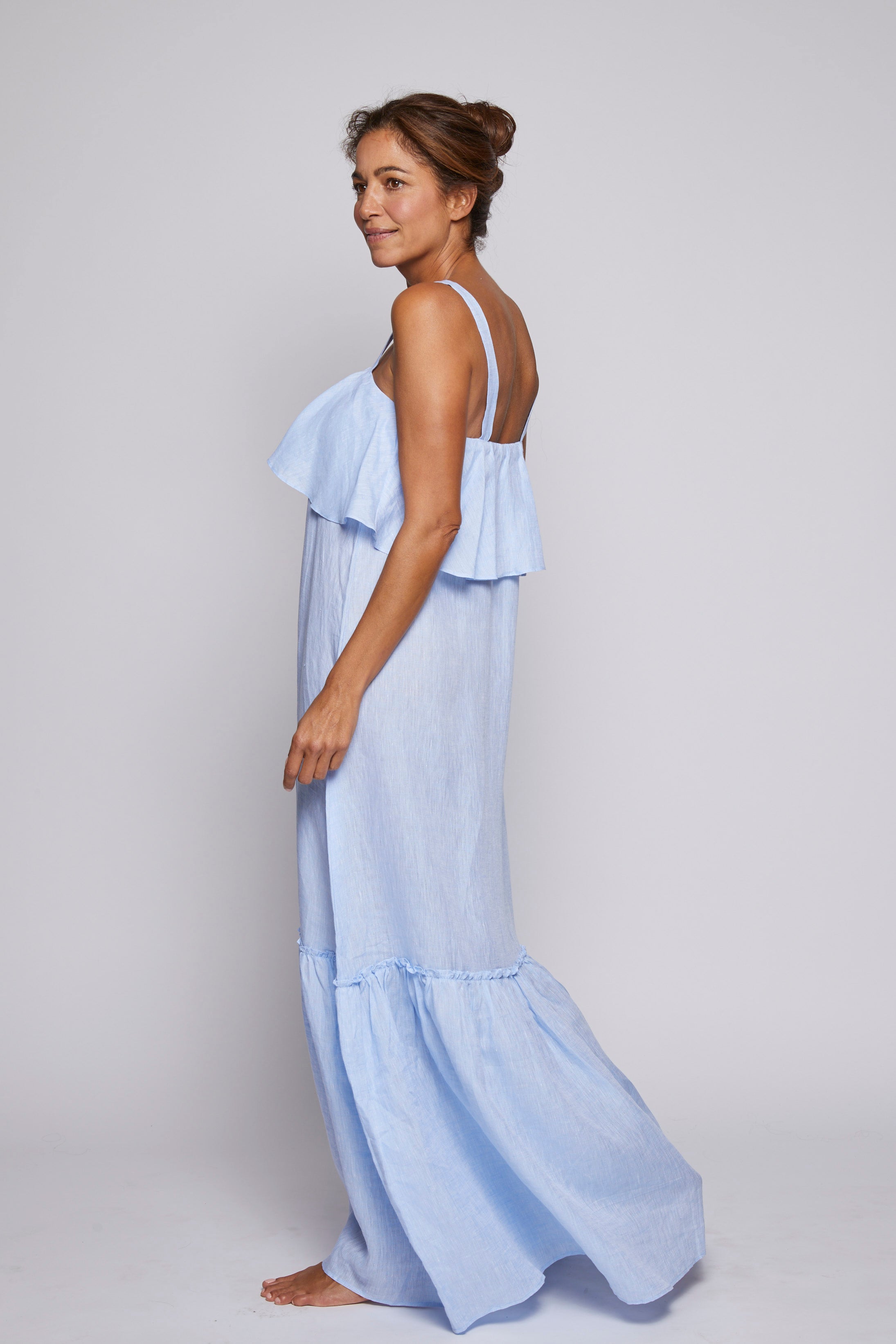 Double Ruffle Linen Dress for Women - Light Blue Summer Dress | Casual Boho Beach Dress, Maternity-Friendly Loose Fit Dress for Vacation, Date Night & Outdoor Events
