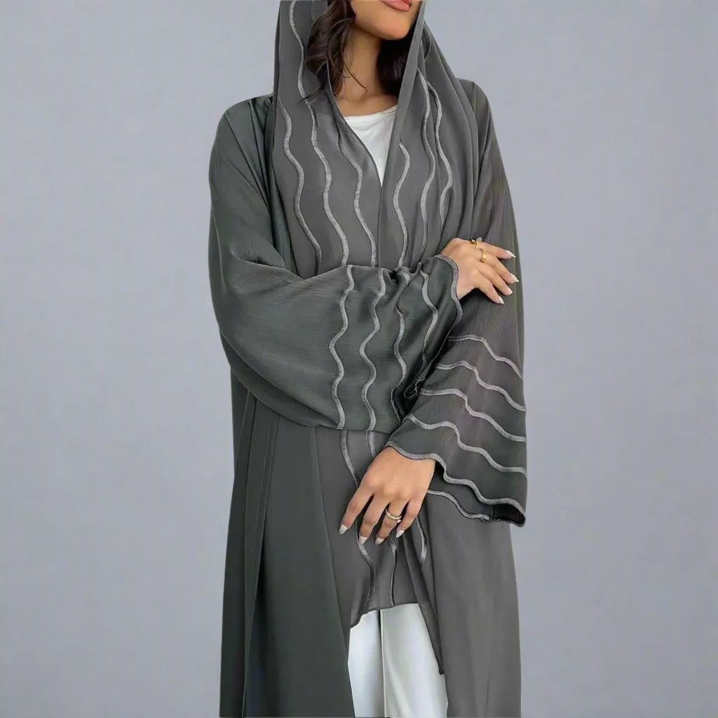 2 Piece Set Women's Embroidery Cardigan & Open Abaya Dress with Hijab Scarf - Modest Muslim Fashion for Prayer, Eid, and Special Occasions