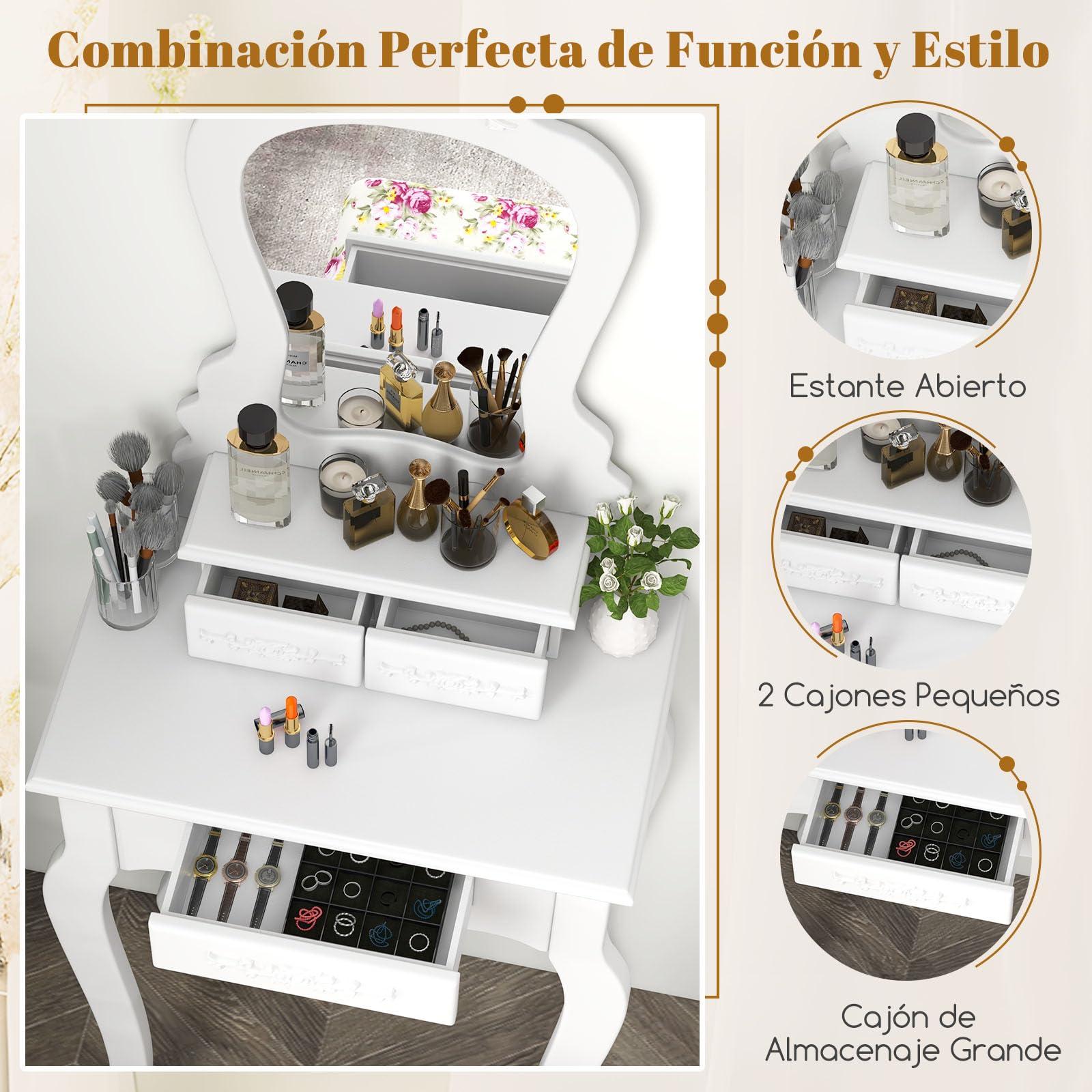Vintage Wooden Makeup Vanity Table with Removable Fan-Shaped Mirror & 3 Drawers, White Dressing Table with Padded Stool (50 x 30 x 136 cm) - Perfect for Bedroom, Dressing Room & Beauty Salon Organization