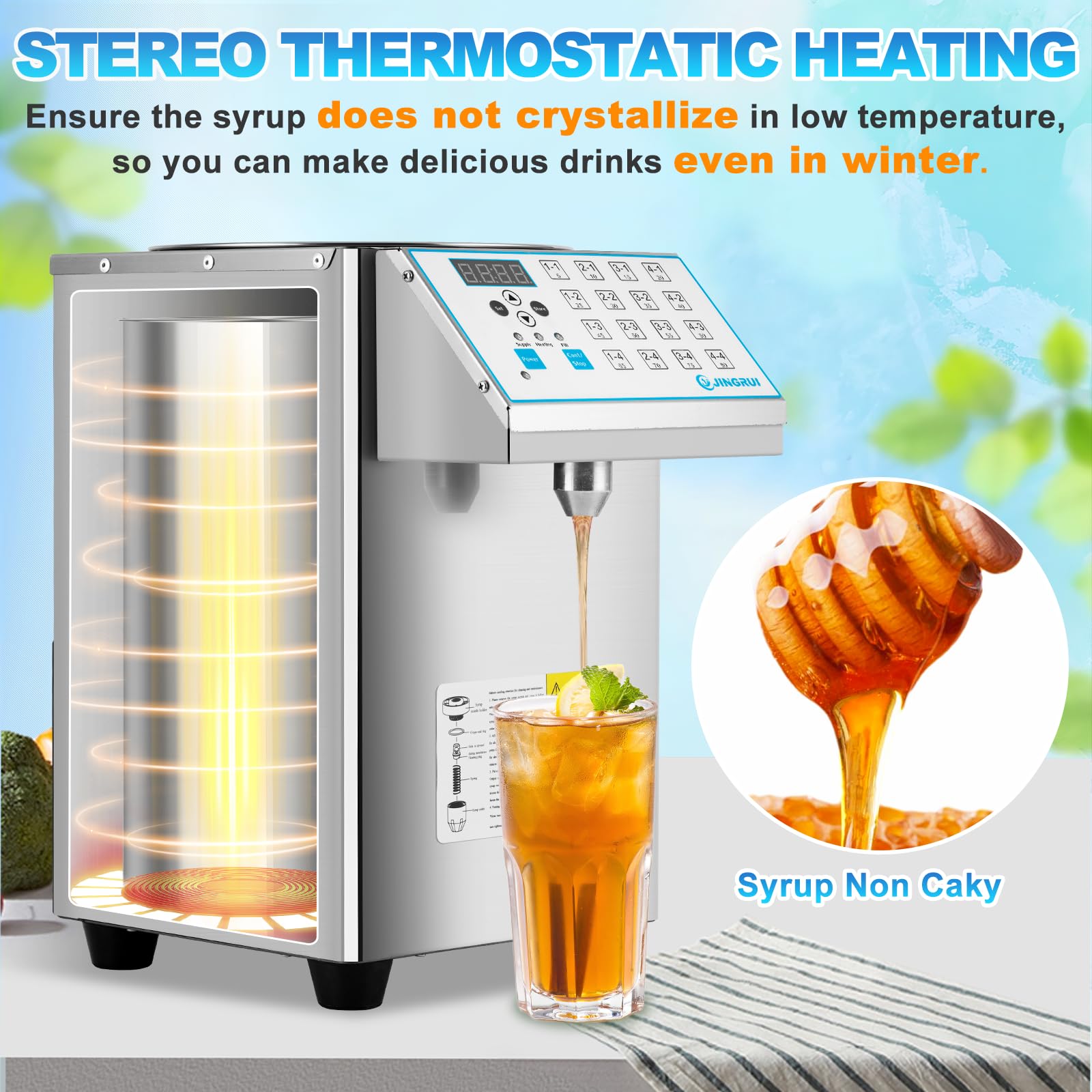 YJINGRUI 8.5L Commercial Fructose Dispenser - Brushed Stainless Steel Syrup Machine with 16 Groups (110V) - Perfect for Coffee Shops, Bubble Tea Stores & Dessert Bars