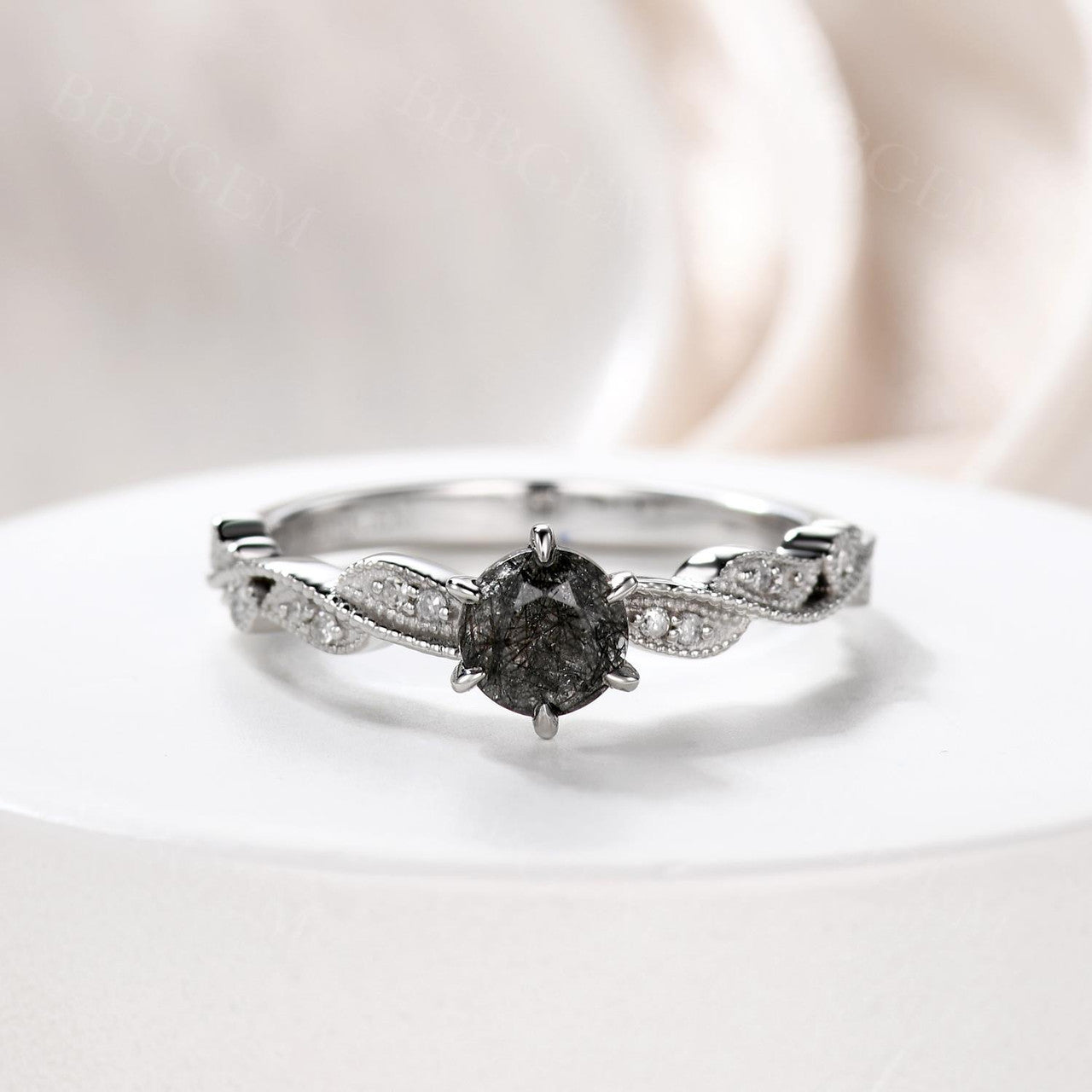 Natural Black Rutilated Quartz Engagement Ring with Diamond Accents - Elegant Wedding Band for Women, Perfect for Proposals, Anniversaries & Special Occasions