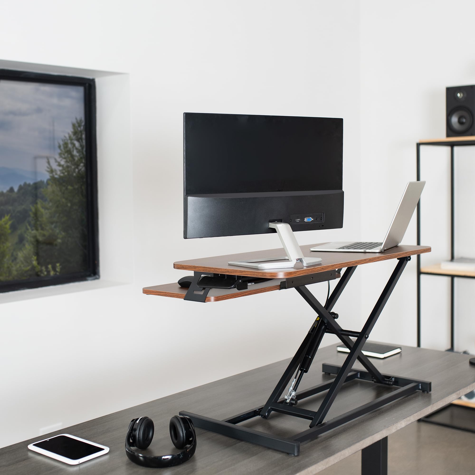 VIVO 32 Inch Height Adjustable Stand Up Desk Converter - Quick Sit to Stand Dual Monitor Riser Workstation with Dark Walnut Desktop & Black Frame (DESK-V000SD) - Perfect for Home Office, Gaming Setup, and Ergonomic Workspace