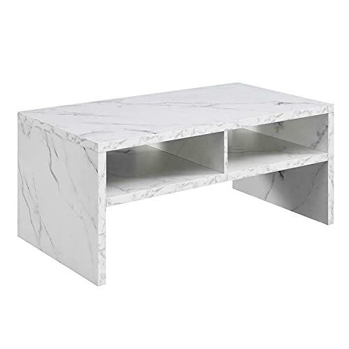 White Marble Wood Finish Side Table with Shelves - Modern Coffee Table for Living Room, Bedroom, or Office - Perfect for Holding Drinks, Books, and Decor