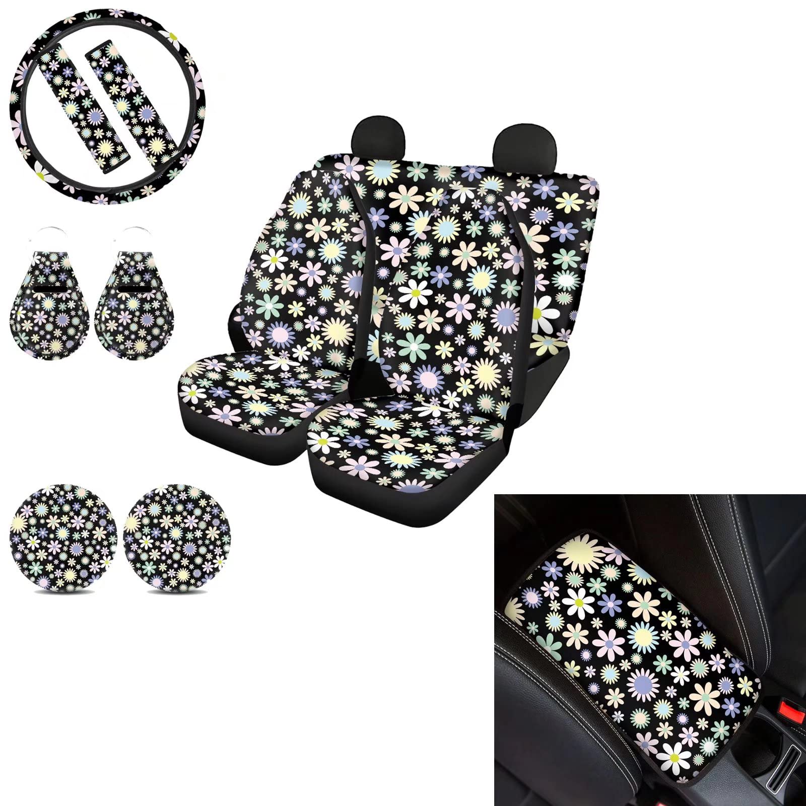 JEOCODY African Daisy Car Seat Covers Set for Women & Men - Full Interior Accessories Kit with Steering Wheel Cover, Seat Belt Covers, Coasters & Keychains | Universal Fit for Most Cars | Perfect for Road Trips, Commuting & Car Protection