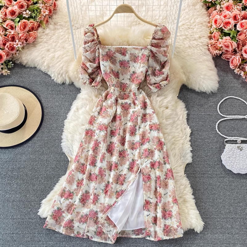 French Retro Sweet Floral Chiffon Dress - Square Neck Summer Dress for Women | Perfect for Garden Parties, Date Nights & Vacation Outfits