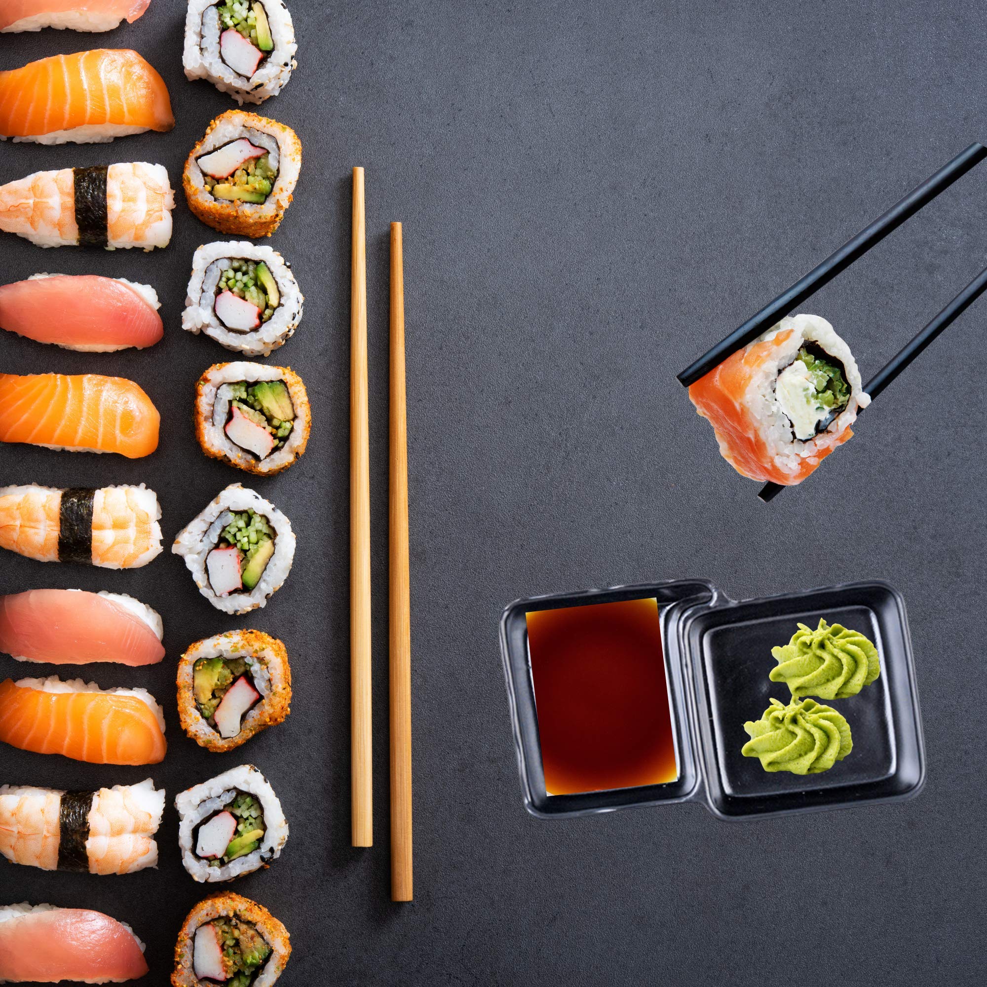 Needzo 2-Pack Melamine Divided Sauce Bowls - Dual Compartment Soy Sauce & Wasabi Dipping Plates, Durable Plastic Containers for Sushi, Dumplings & Asian Cuisine