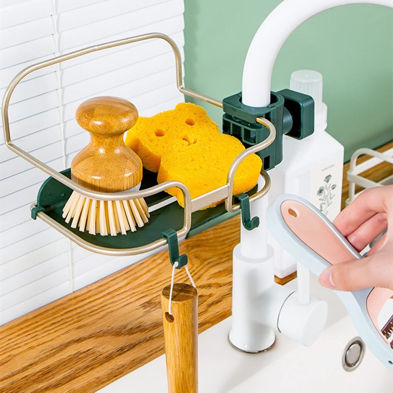 Stainless Steel Sponge Holder with Hook - Bathroom & Kitchen Organizer for Soap, Shampoo, Sponge & Scrubber - Drain Rack & Sink Storage Caddy - Perfect for Small Space Organization (Green) - Ideal for Kitchen Sink, Bathroom Counter & Under Cabinet Storage