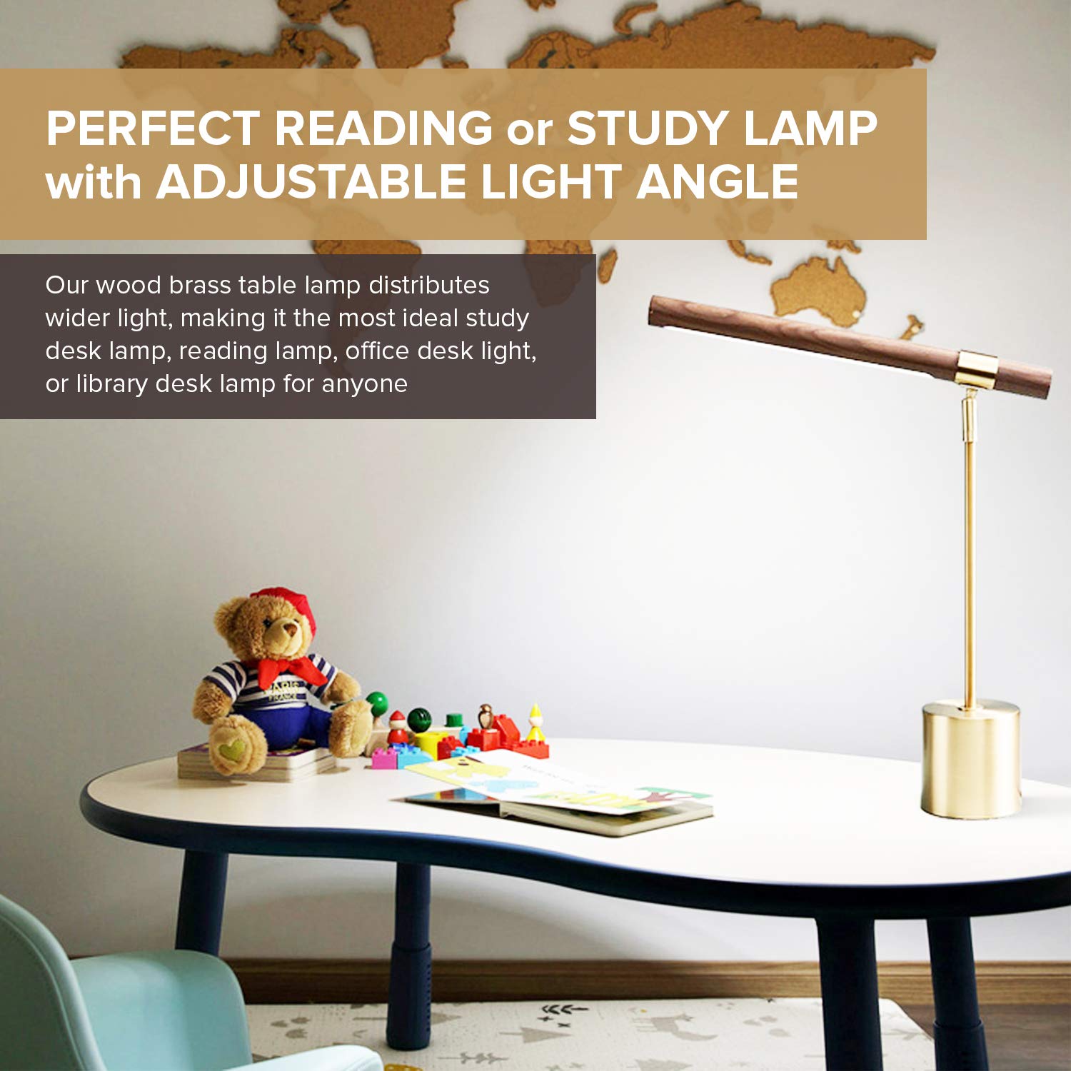Modern Banker Slim LED Desk Lamp - Adjustable Wood & Brass Table Light for Home Office, Bedroom Nightstand - Mid Century Steampunk MCM Style Lighting for Reading, Working, Decor