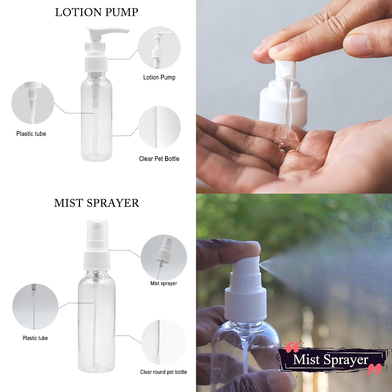 Happy Packaging 7-Piece Travel Bottles Kit - Leak Proof Refillable Toiletry Containers Set for Shampoo, Lotion, Cream & Mist Spray | Portable Cosmetic Jars for Airplane, Gym & Vacation (4 Bottles, White)