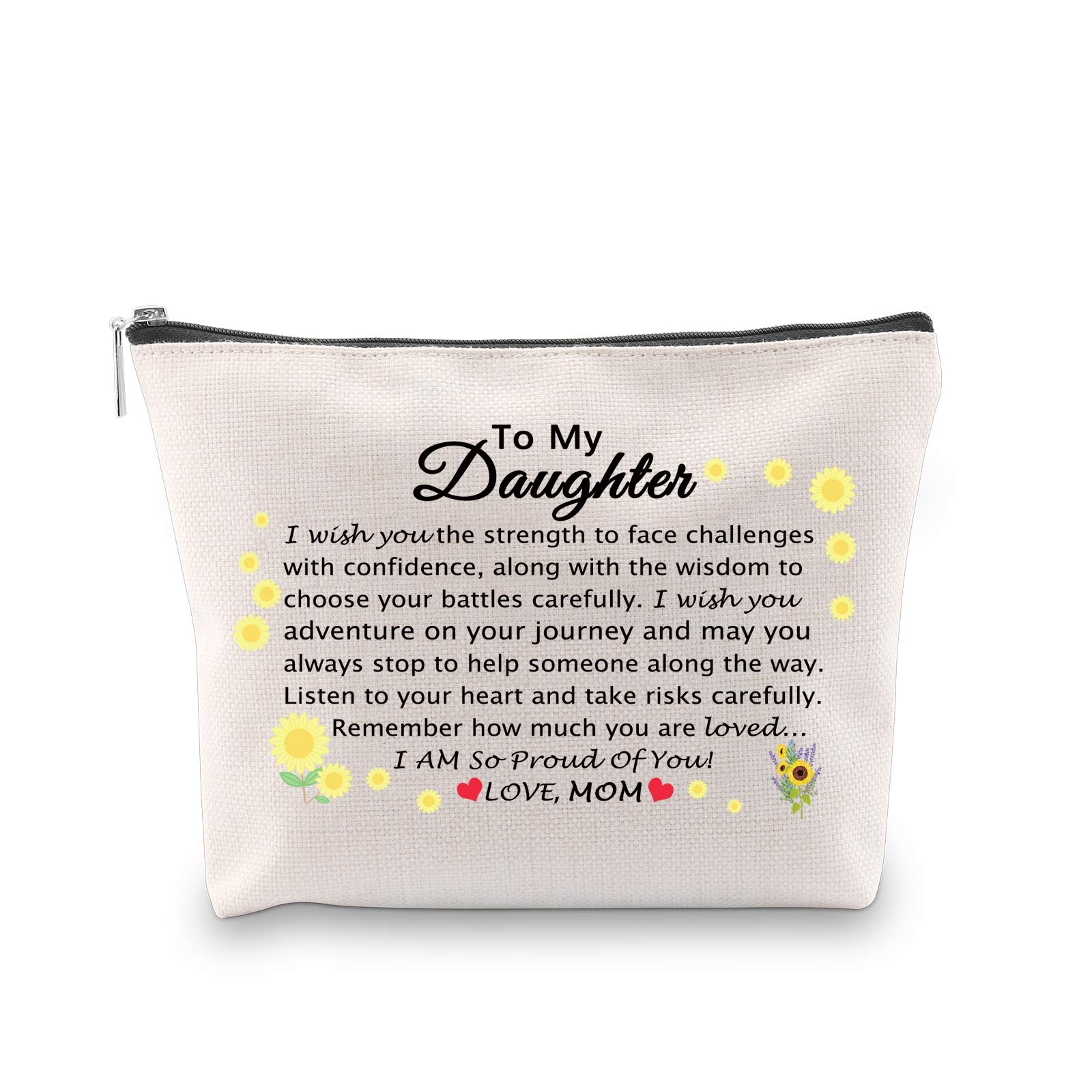 To My Daughter Makeup Bag - Graduation & Birthday Gift from Mom, Cosmetic Pouch & Travel Case for Girls, Canvas Bag for Daily Use, School, and Travel