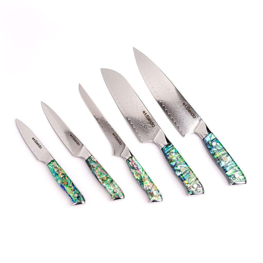 Premium Seido Awabi Damascus Chef Knife Set - Professional Japanese Stainless Steel Kitchen Knives with Abalone Shell Resin Handle, Ultra Sharp Full Tang Design for Slicing, Dicing & Chopping - Perfect for Home Chefs & Professional Kitchens