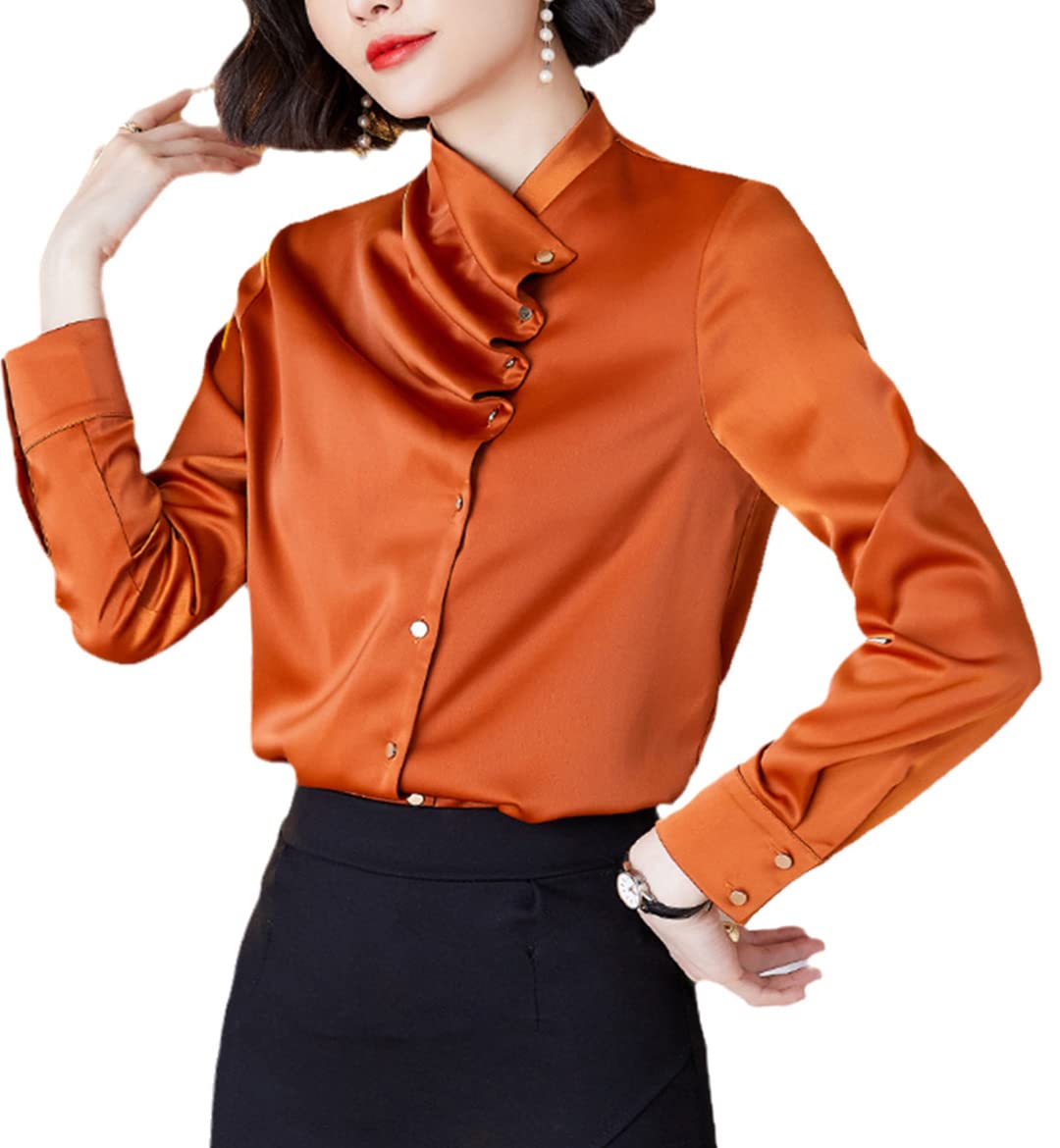 Elegant Women's Long Sleeve Silk Satin Blouse - Asymmetrical Collar Pleated Tunic Top for Work & Casual Wear | Office Outfits, Date Nights & Special Occasions