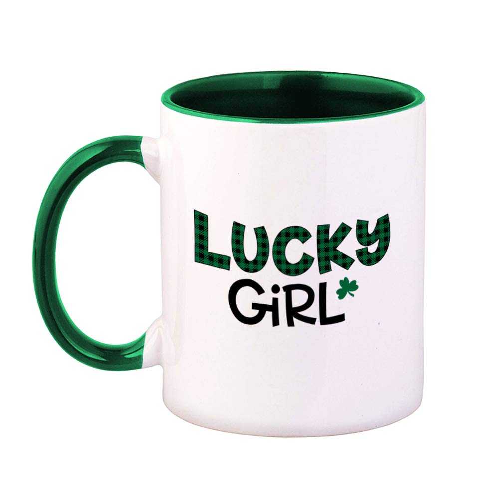 Lucky Girl St. Patrick's Day Coffee Mug - 11 Oz Green Ceramic Tea Cup with Shamrock Clover Design & Inner Handle - Perfect for Irish Holidays, St. Patrick's Day Gifts & Everyday Coffee/Tea Use