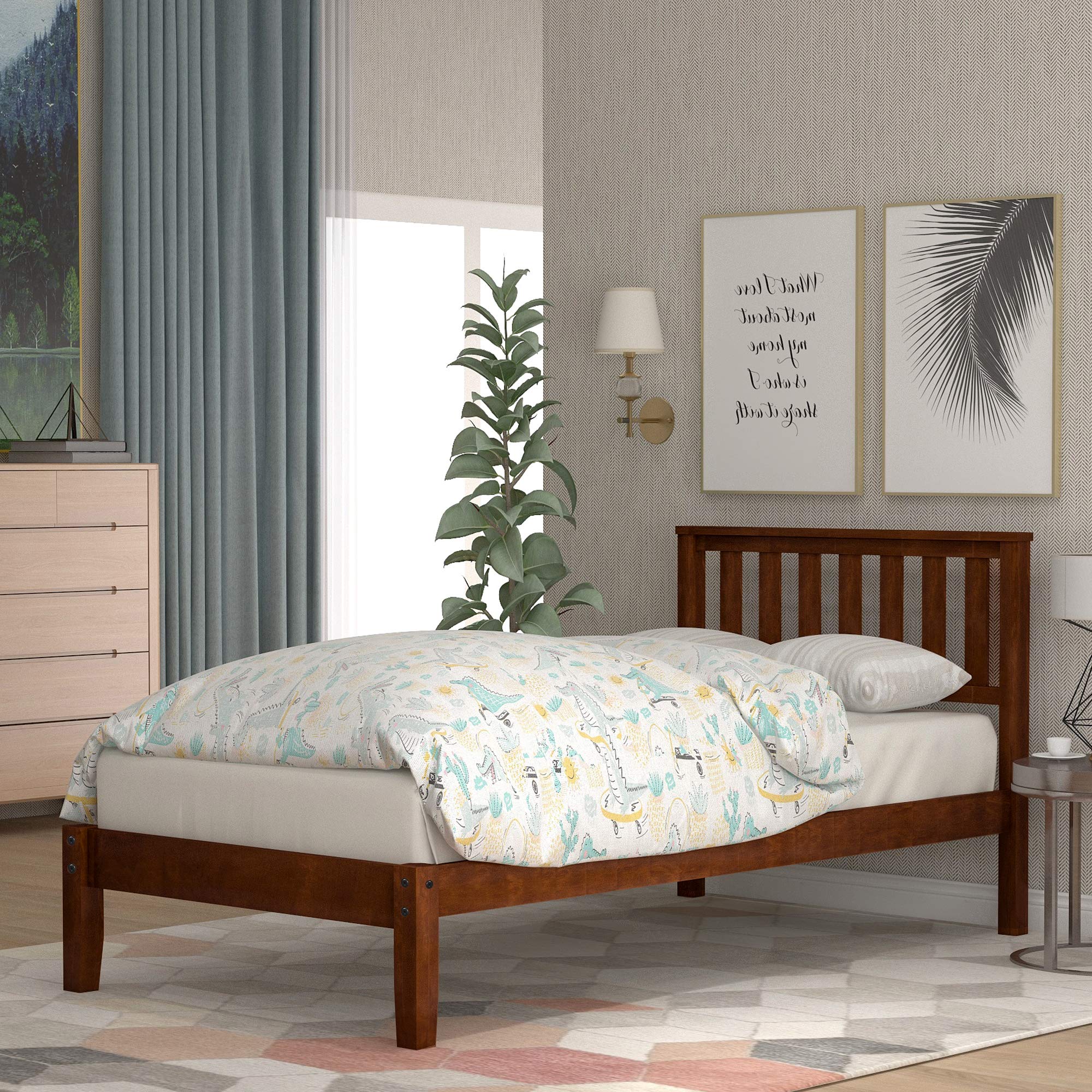 MERITLINE Solid Wood Twin Bed Frame with Headboard & Footboard - No Box Spring Needed, Walnut Finish - Perfect for Kids Rooms, Guest Bedrooms & Small Spaces