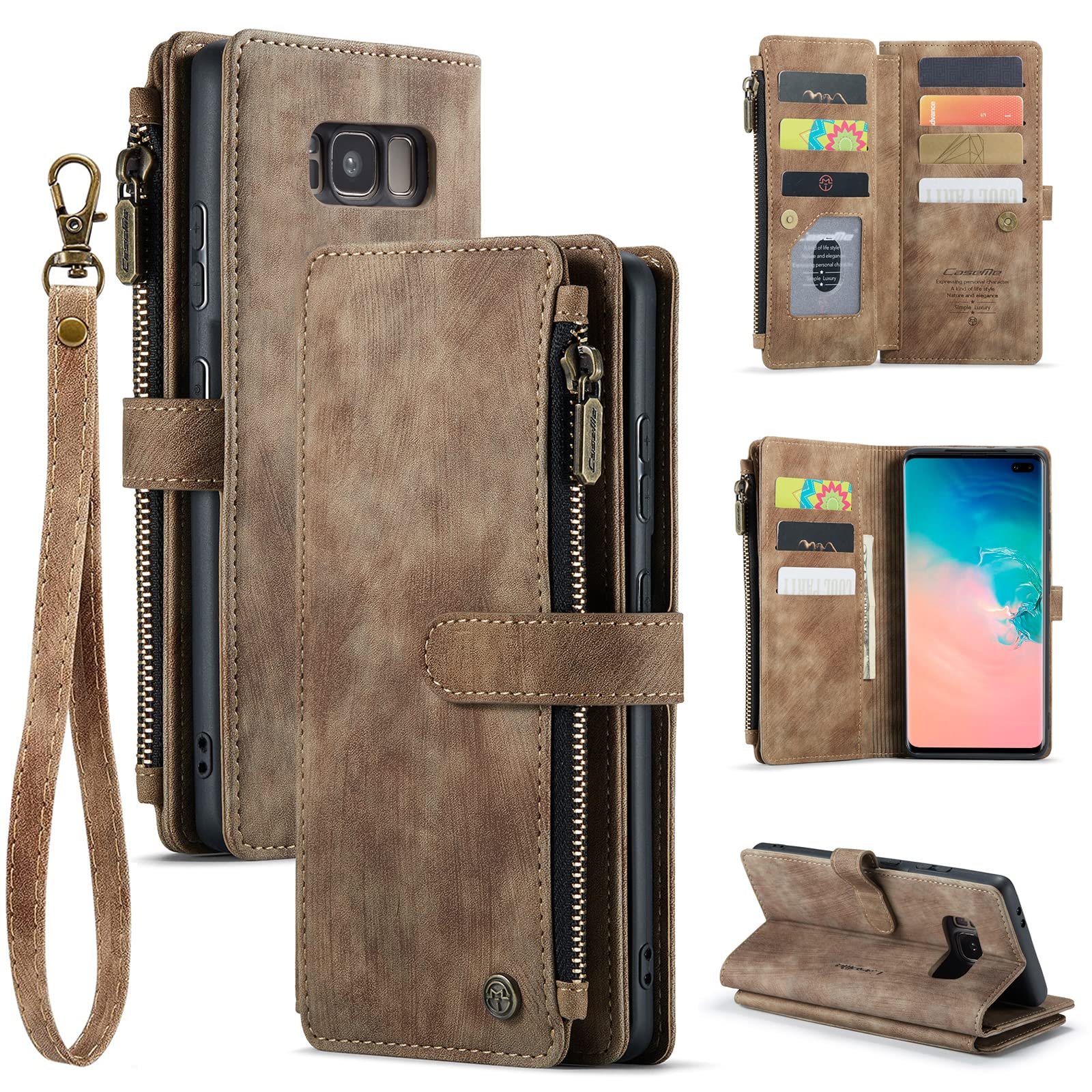 QLTYPRI Vintage PU Leather Wallet Case for Samsung Galaxy S8 - Magnetic Closure, Card Slots, Money Pocket, Wrist Strap & Kickstand | Shockproof Flip Cover (Brown) | Perfect for Daily Use, Travel & Business Meetings
