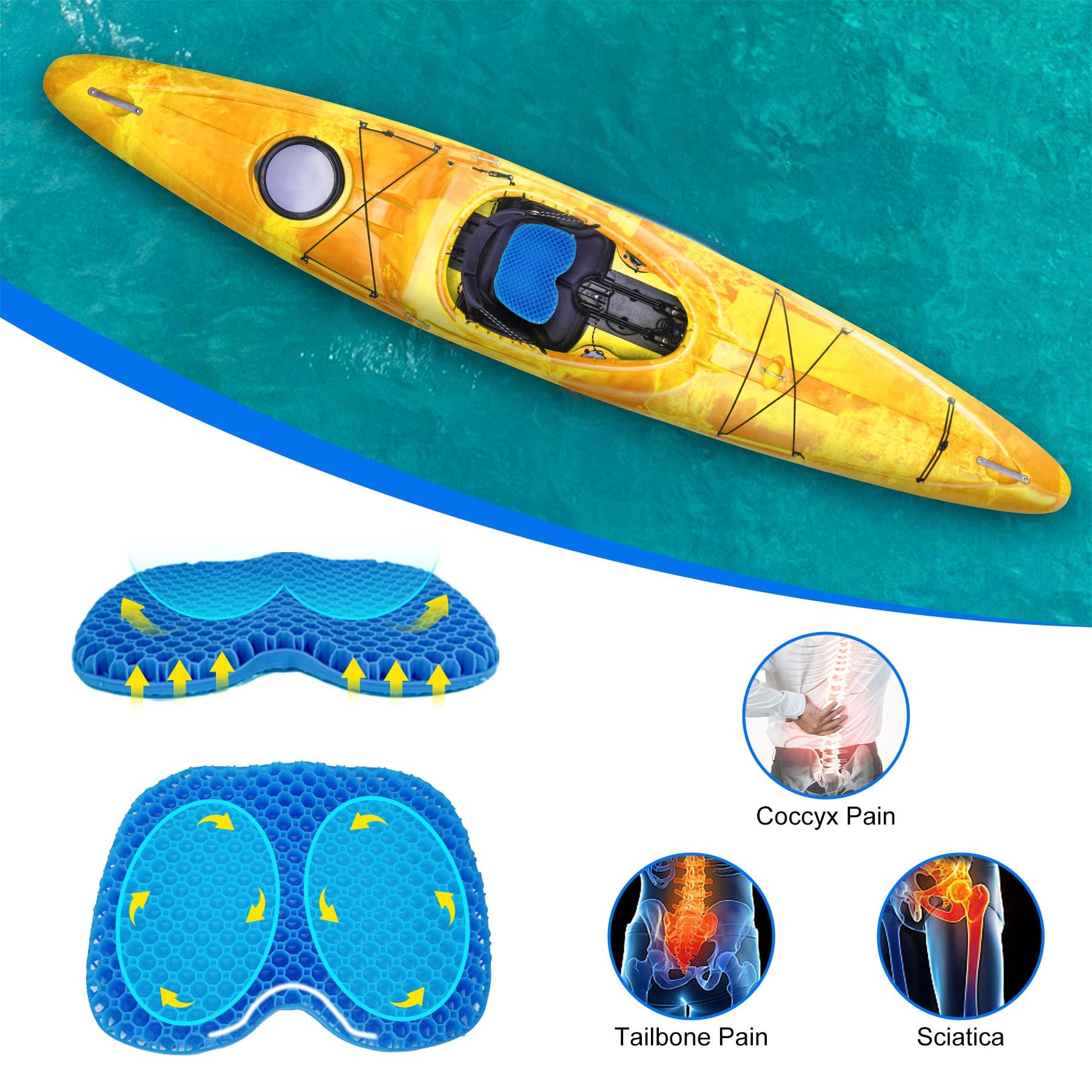 Anti-Slip Kayak Seat Cushion - Thick Waterproof Gel Seat Pad with Non-Slip Cover for Sit-In & Inflatable Kayaks, Canoes & Boats - Perfect for Fishing and Water Sports Comfort