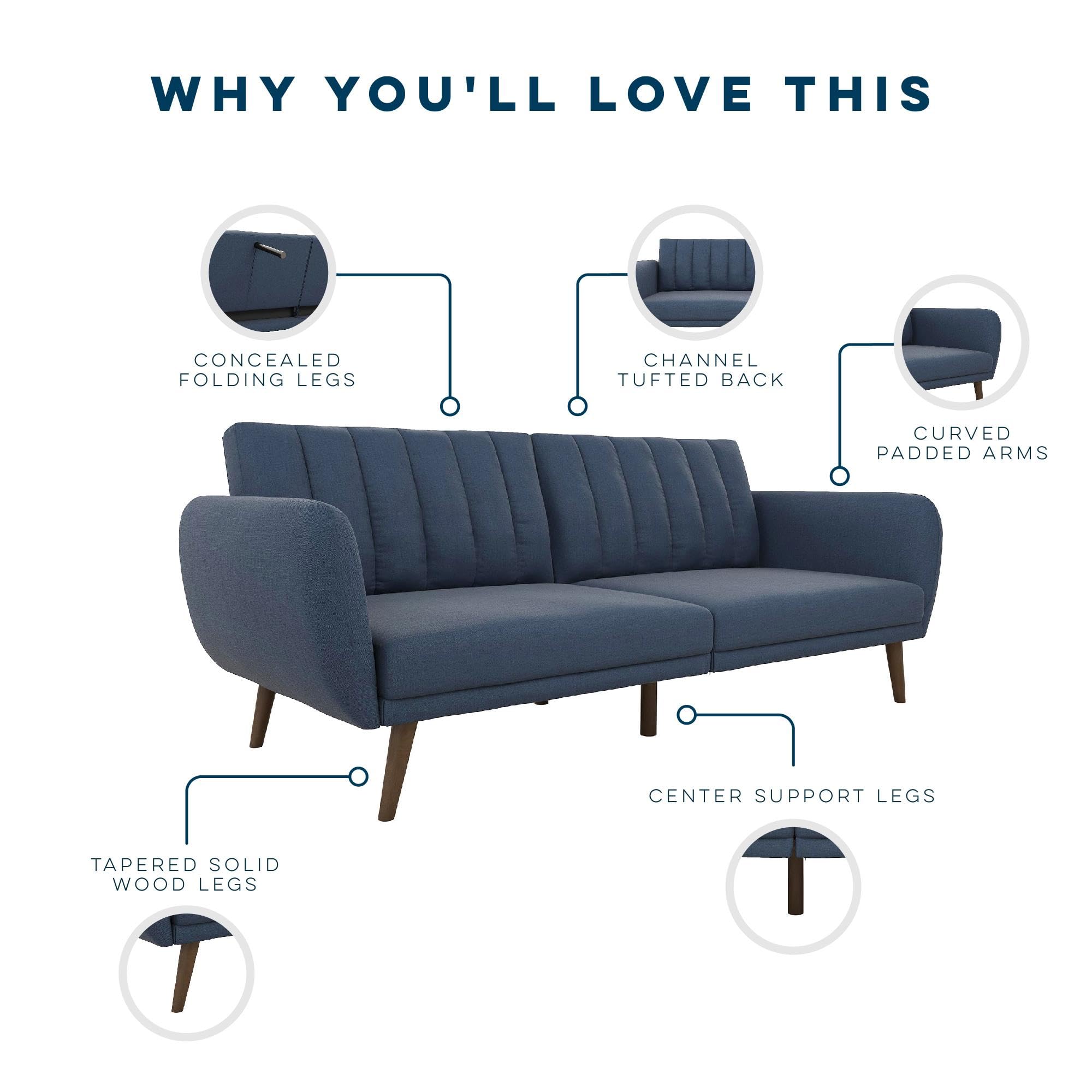 Novogratz Brittany Sofa Futon - Premium Linen Upholstery with Wooden Legs in Blue | Convertible Sleeper Sofa for Small Spaces, Living Room & Guest Room
