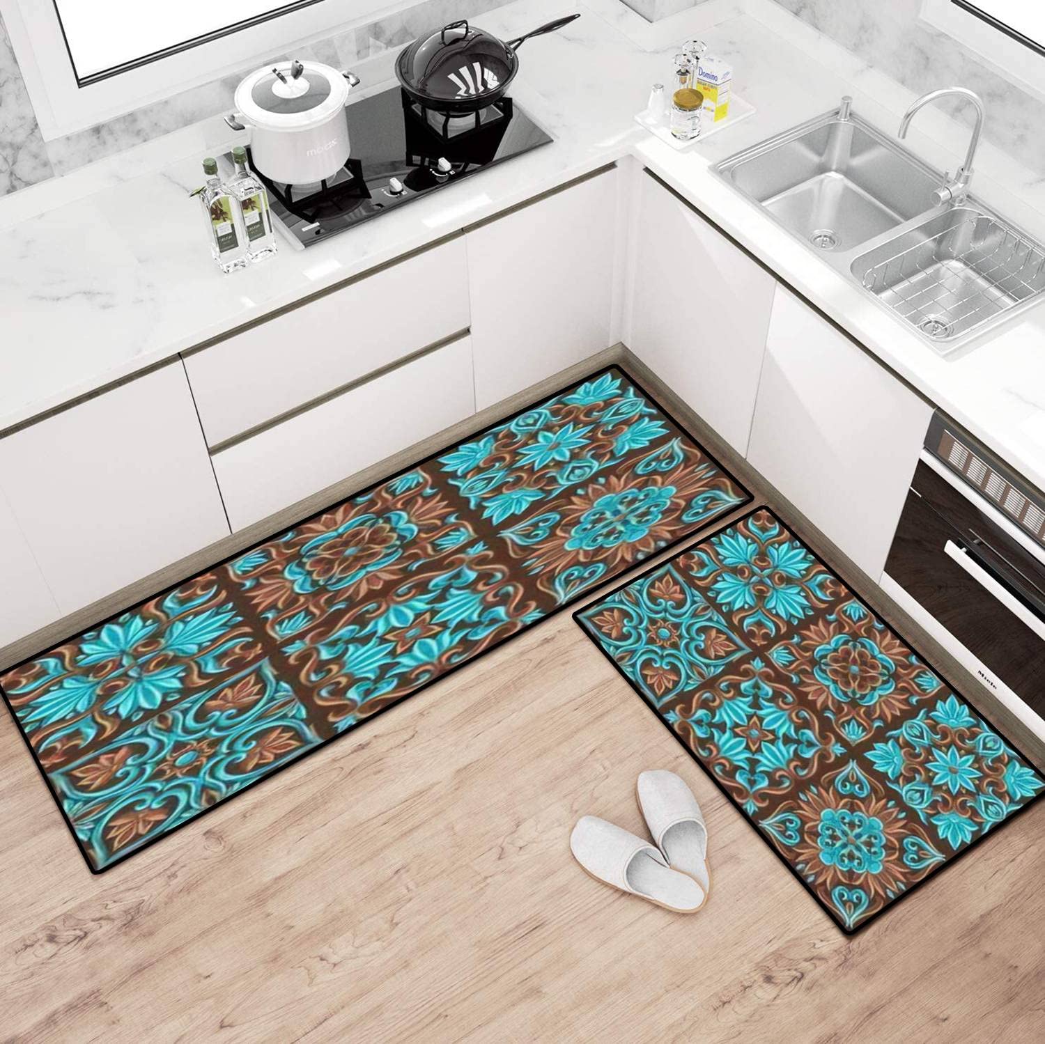 Italian Ceramic Tile Kitchen Rugs Set - Non-Slip Washable Floor Mats for Kitchen & Bath Decor