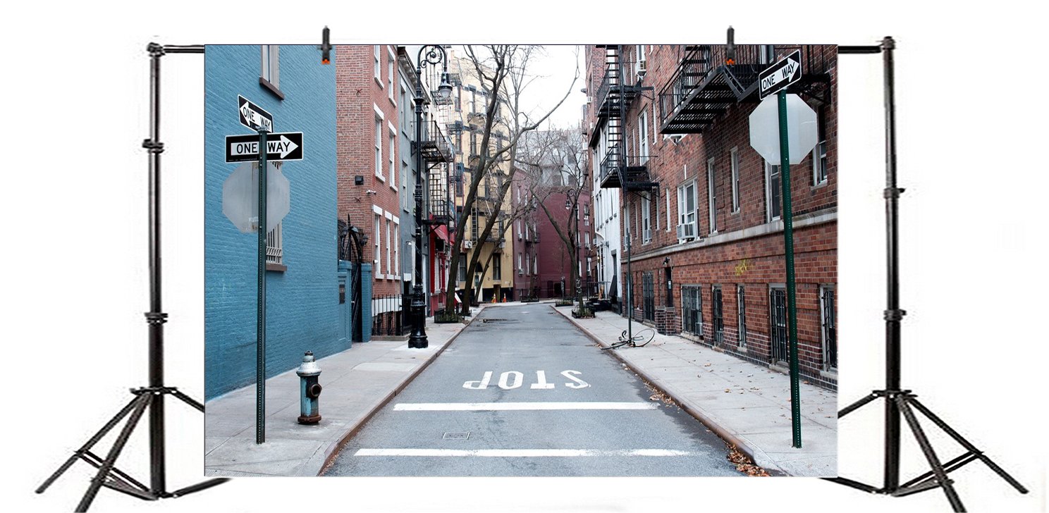 10x8ft Manhattan City Street Photography Backdrop - West Village New York Skyline with Downtown NYC Alley & Parking Signs - Perfect for Studio Photo Shoots, Portrait Backgrounds, and Urban Themed Events