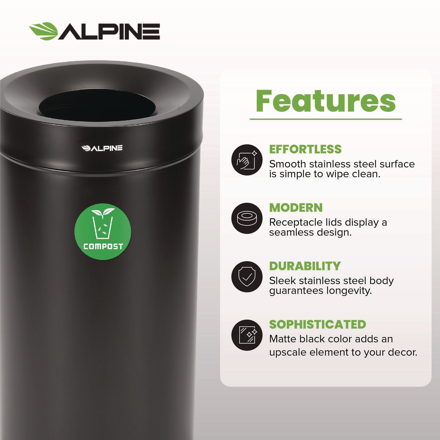 Alpine Industries 27 Gallon Black Stainless Steel Compost Bin for Kitchen & Outdoor - Odor-Free Food Waste Container for Eco-Friendly Composting at Home or Garden
