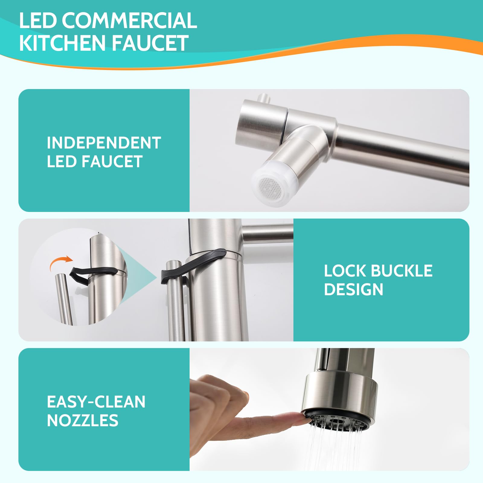 Kicimpro LED Kitchen Faucet with Pull Down Sprayer - Brushed Nickel Single Handle High Arc 304 Stainless Steel Commercial Sink Faucet for 1 or 3 Hole Installation | Perfect for Home Kitchens, Bars, and Restaurants