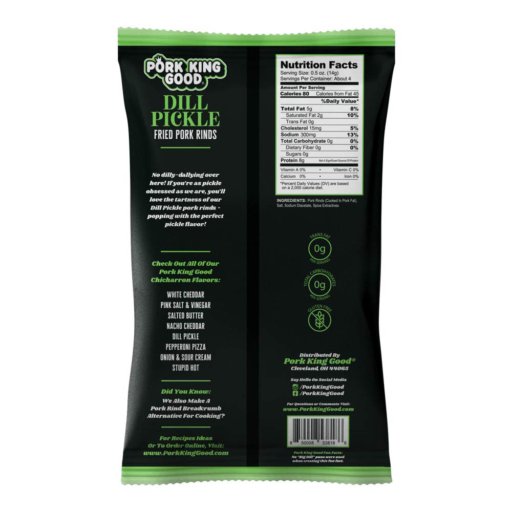 Keto-Friendly Pork King Good Dill Pickle Pork Rinds (Chicharrones) - 4 Pack of Low Carb, Gluten-Free Snacks for Ketogenic Diet & Healthy Lifestyle | Perfect for On-the-Go, Movie Nights & Weight Loss Journeys