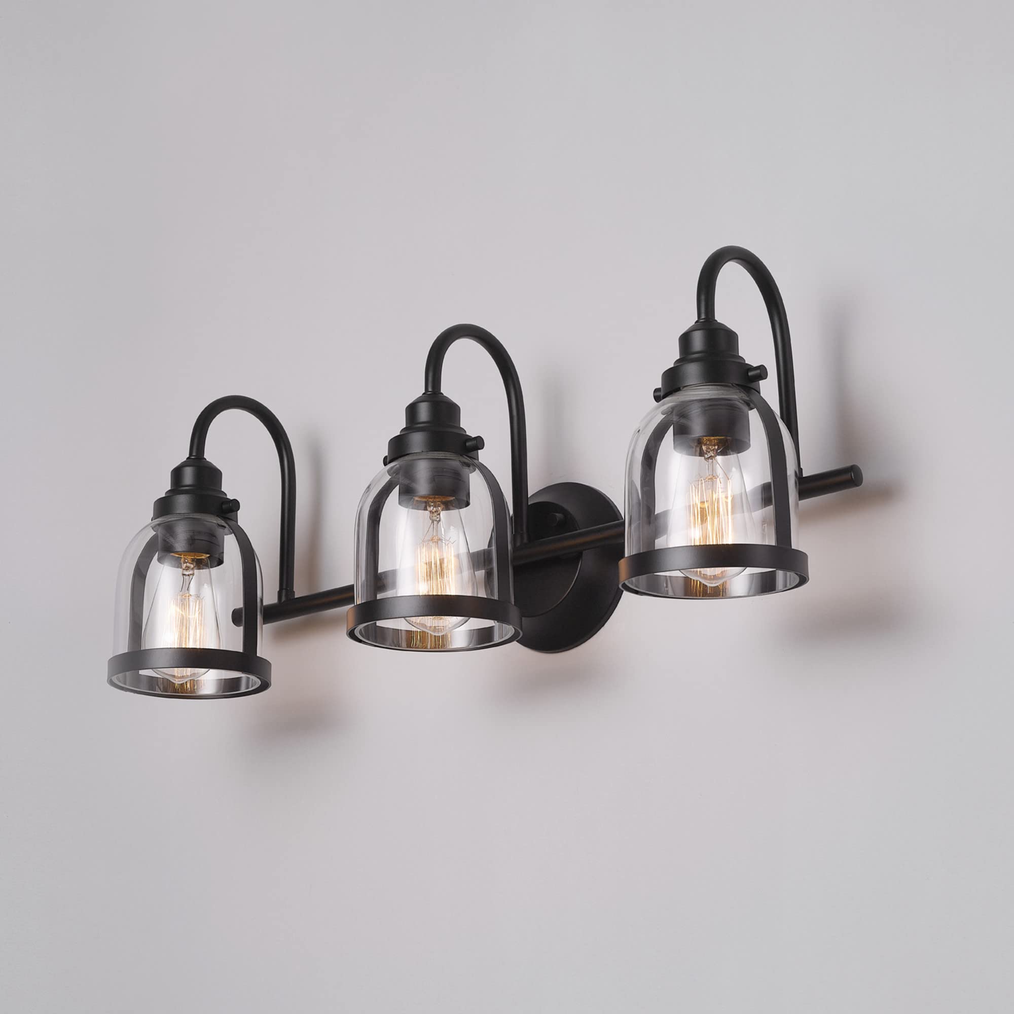 Globe Electric 52064 Devonport 5-Piece Bathroom Set - Matte Black Finish with 3-Light Vanity, Clear Glass Shades, Towel Bar, Ring, Robe Hook & Toilet Paper Holder | Modern Bathroom Lighting & Accessories for Home Renovation & Spa-Style Decor
