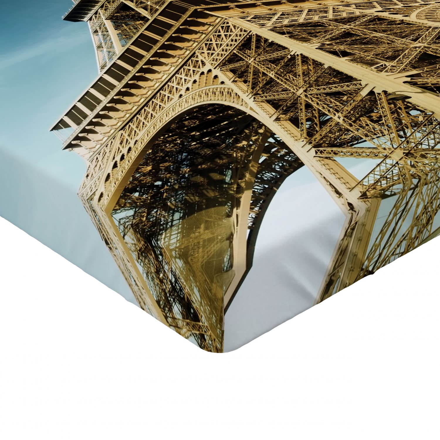 Ambesonne Eiffel Tower Fitted Sheet - Paris France Landmark Architecture Design, Queen Size Deep Pocket Bed Sheet with All-Around Elastic for Comfort, Pale Coffee & Blue - Perfect for Paris-Themed Bedrooms, Travel Enthusiasts & Home Decor