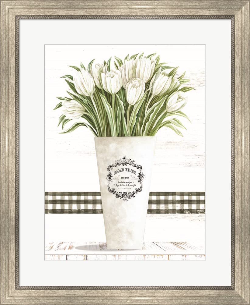 White Tulips by Cindy Jacobs Framed Art Print - Silver Scoop Frame 23x28 Inches - Elegant Wall Decor for Living Room, Bedroom & Office
