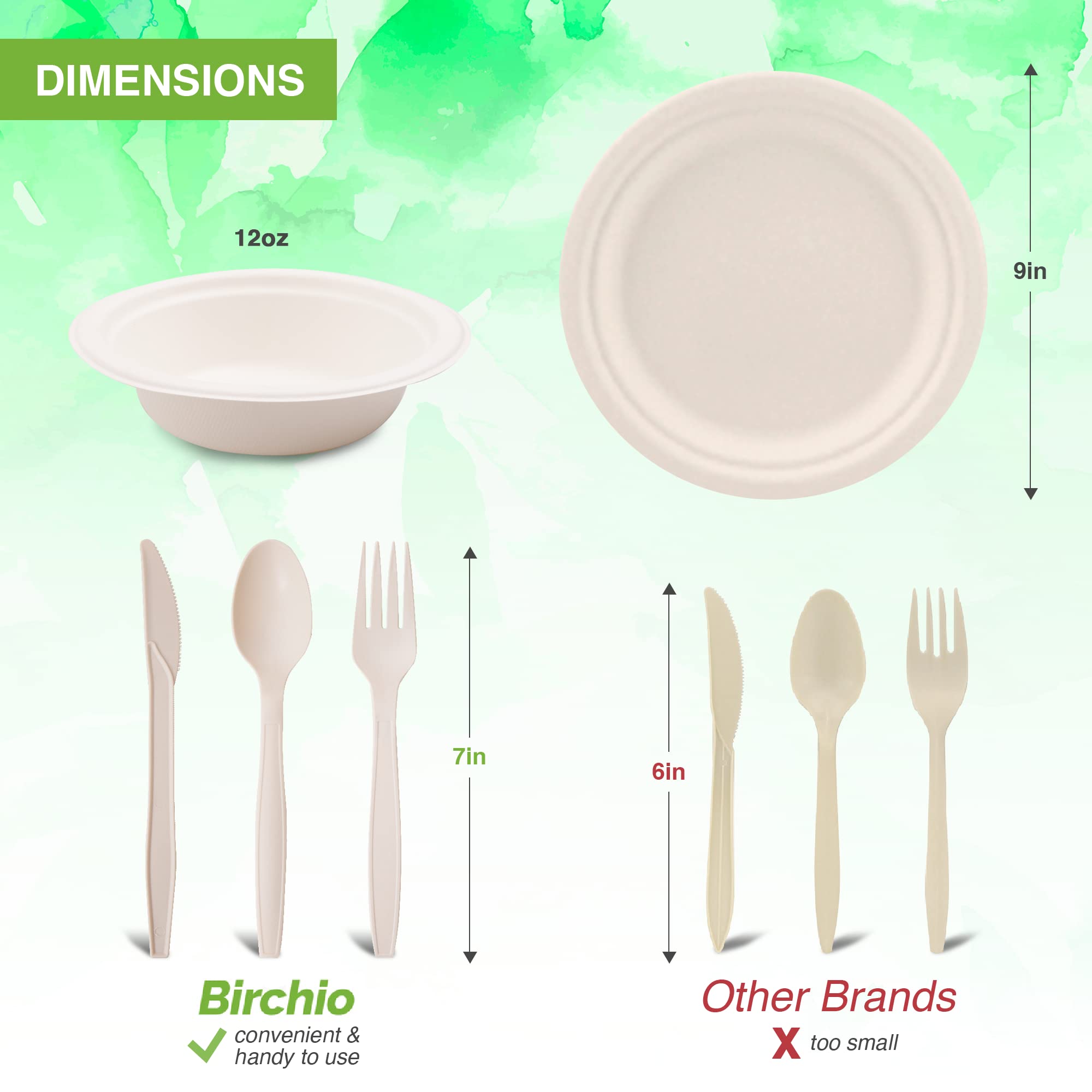250-Piece (50 Sets) Biodegradable Paper Plates Set with Extra Long Utensils | Eco-Friendly Compostable Disposable Dinnerware | Includes Plates, Bowls, Forks, Knives & Spoons | Perfect for Parties, Picnics & Outdoor Events