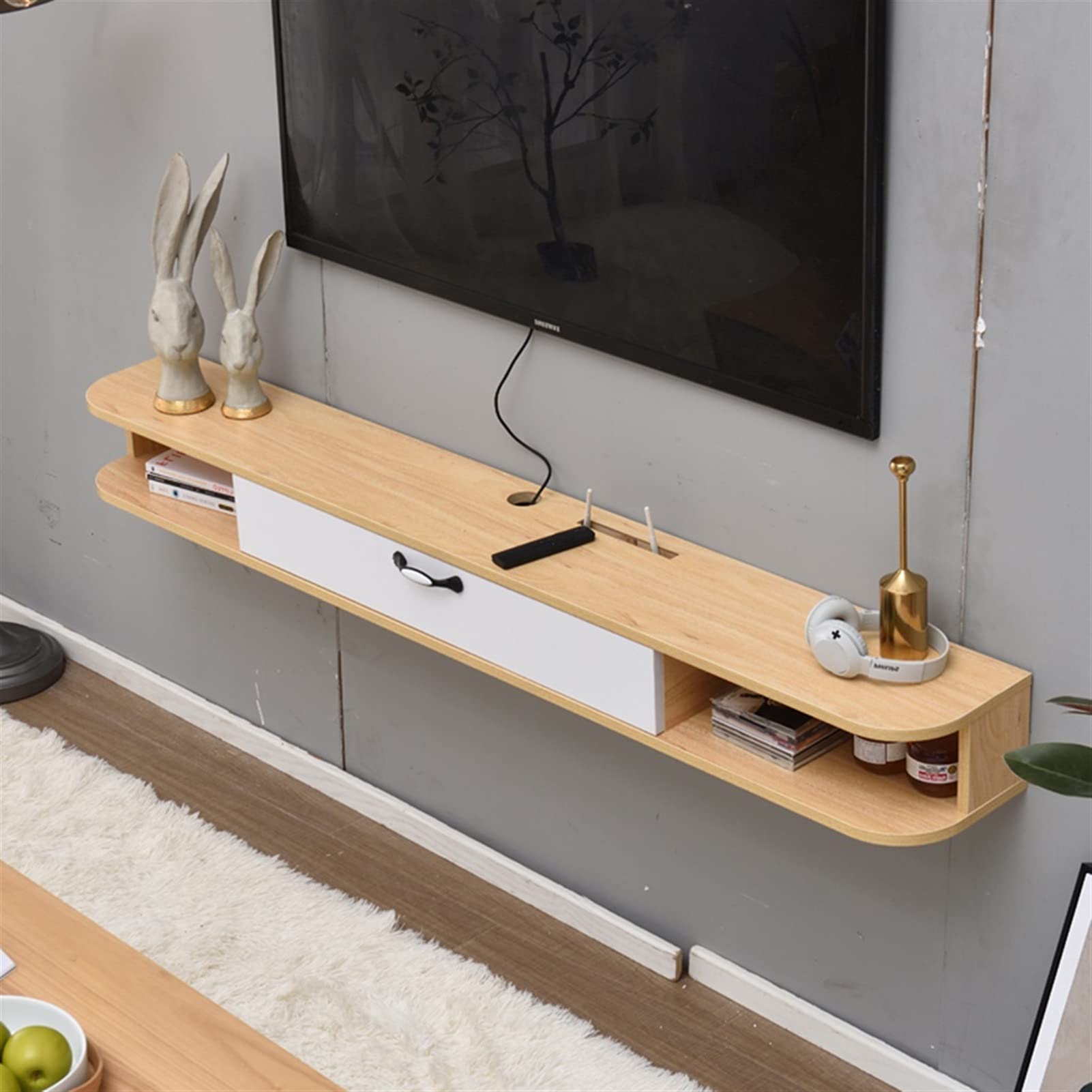 Wall Mounted Floating TV Stand with Shelves - Modern Media Console for Flat Screen TVs, Soundbars & Gaming Consoles - Space Saving Entertainment Center for Living Room & Bedroom