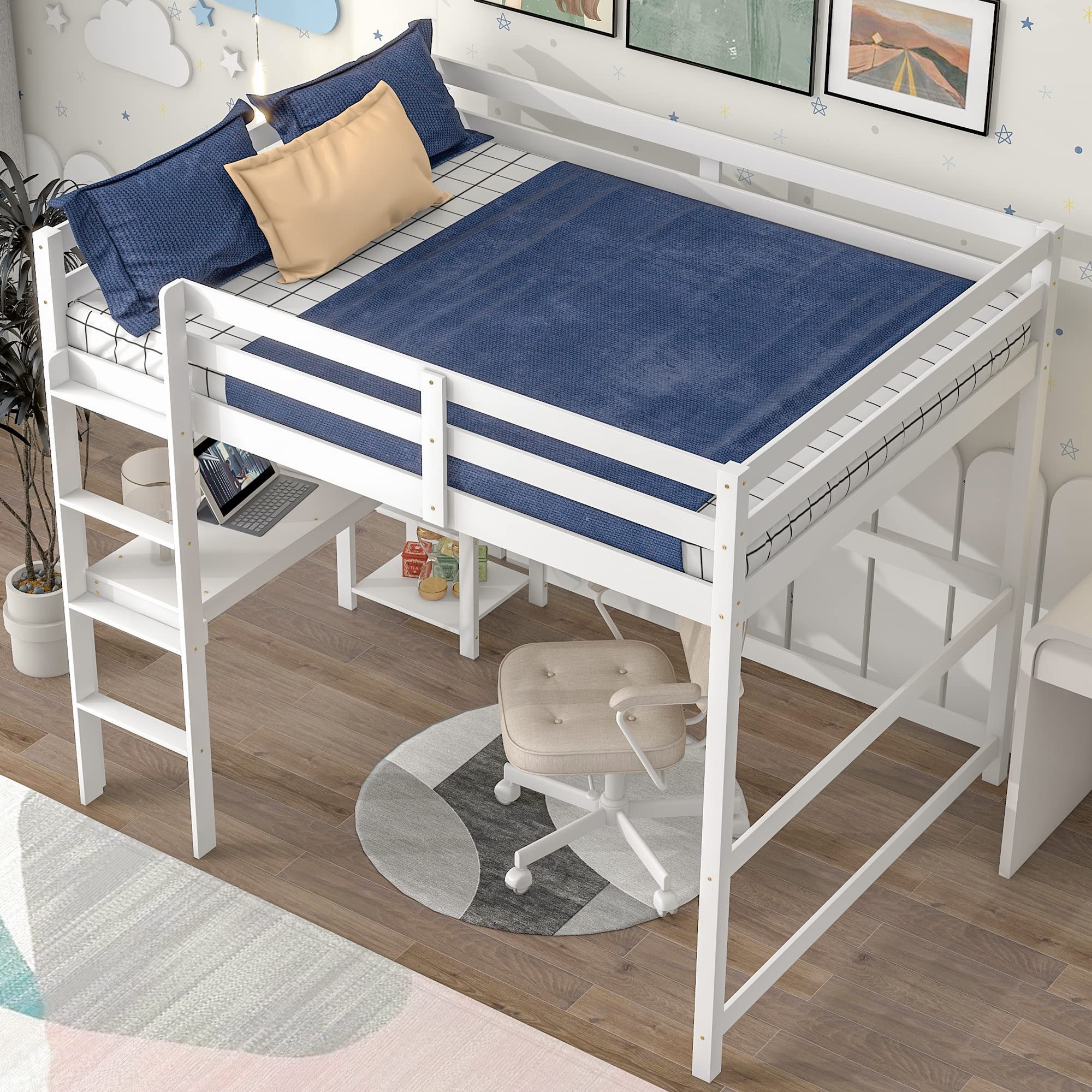 Aoowow Full Size Wood Loft Bed with Study Desk, Storage Shelves & Bookcase - Sturdy High Loft Bed Frame with Safety Guardrail & Ladder for Kids & Teens - No Box Spring Needed (White) - Perfect for Small Bedrooms, Dorm Rooms & Space-Saving Kids' Rooms