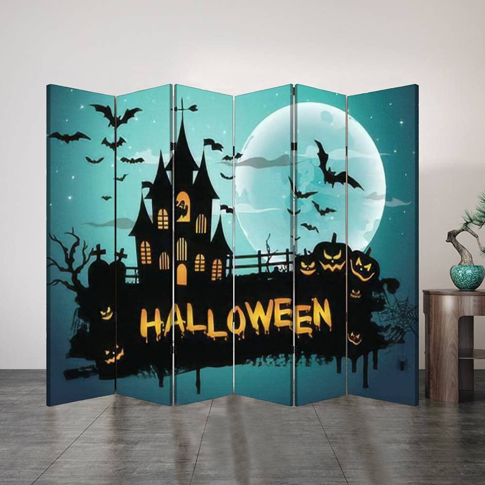 6 Panel Folding Privacy Screen - Halloween Themed Canvas Room Divider with Spooky Castle & Pumpkins Design - Perfect for Home Office, Bathroom, Party Decor & Photo Backdrop