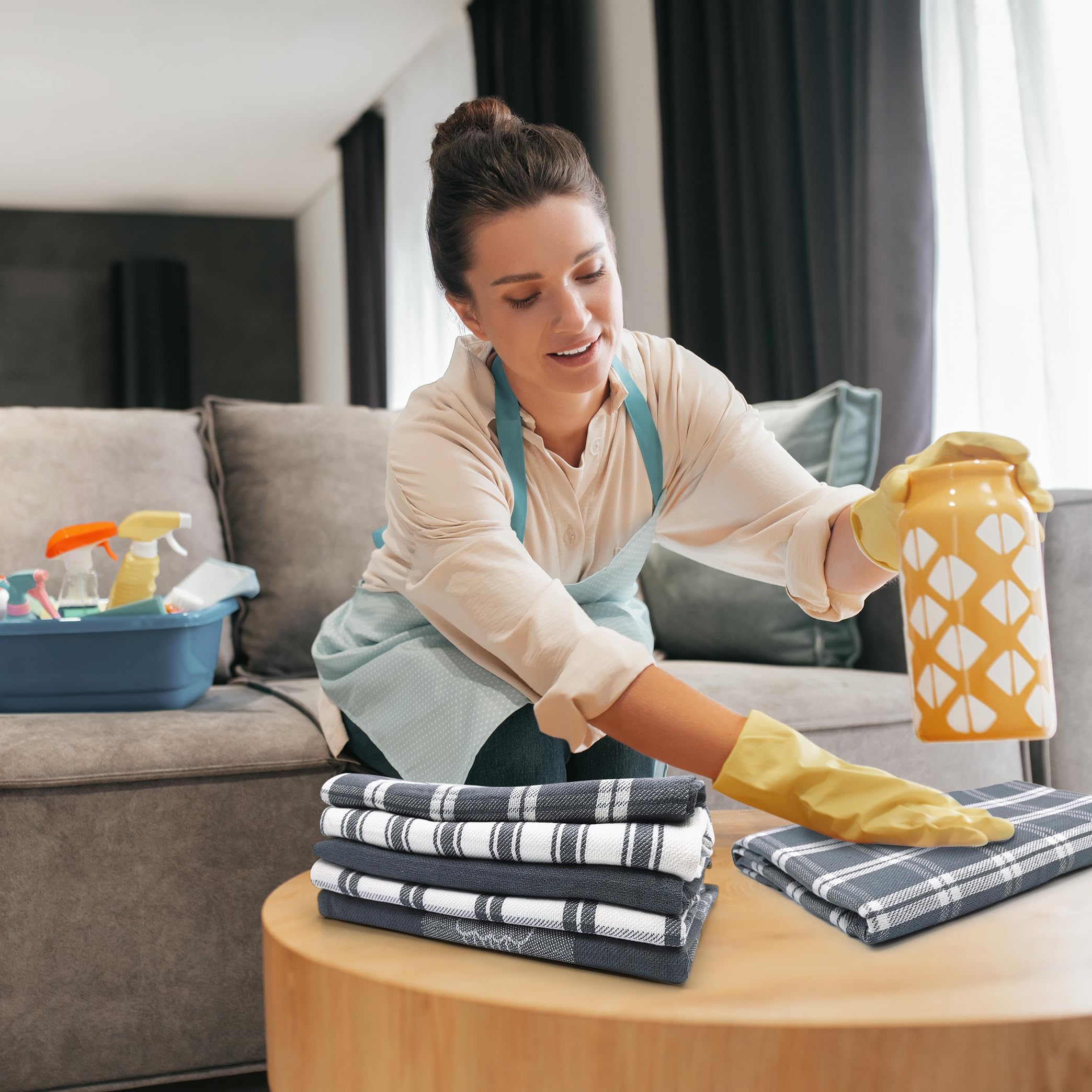 LivinEase 100% Cotton Tea Towels - Pack of 5 Super Absorbent Kitchen Towels (70 x 50 cm, Grey) for Dish Drying, Hand Wiping & Counter Cleaning