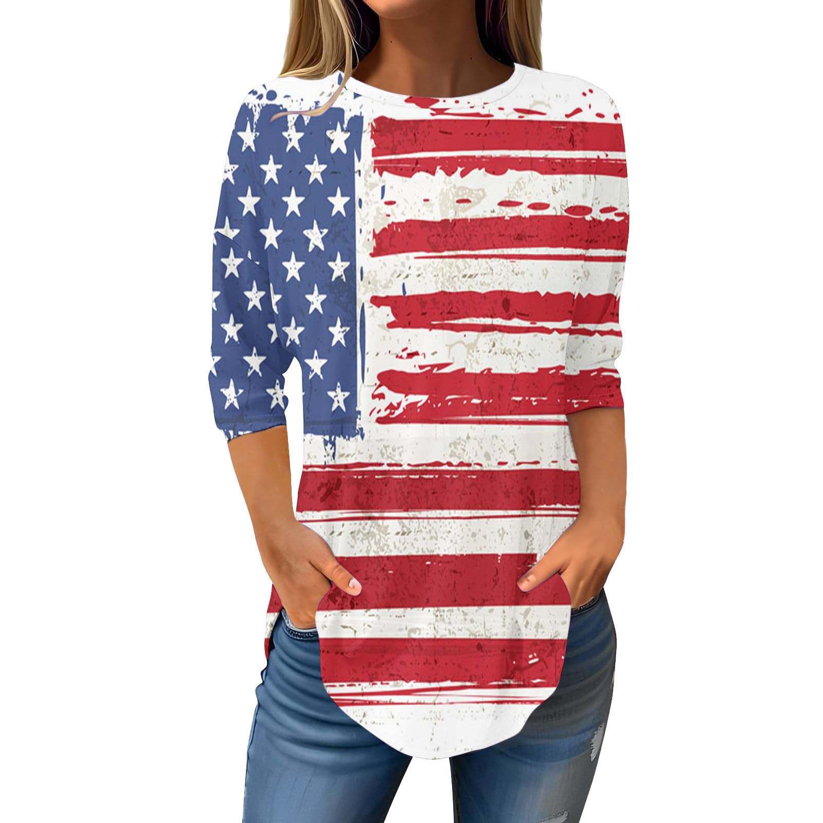 Women's 4th of July Patriotic Tops - 3/4 Sleeve American Flag Shirt in Red White & Blue | Casual Loose Fit Summer Blouse | Perfect for Independence Day Celebrations, BBQ Parties & Festive Outfits