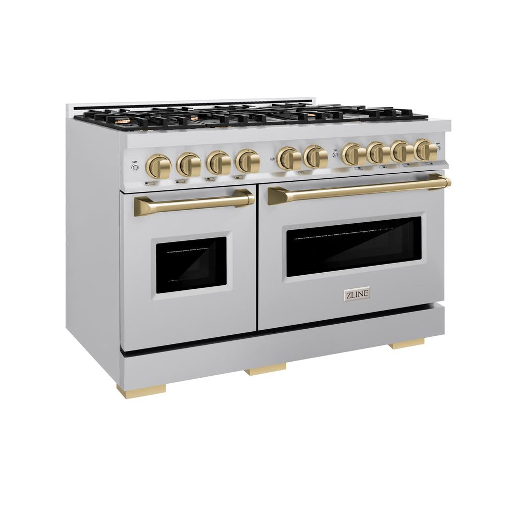 ZLINE Autograph Edition 48-inch 6.7 cu. ft. Classic Double Oven Dual Fuel Range with 8-Burner Gas Cooktop - Stainless Steel & Champagne Bronze Accents (CDRZ 48 CB) - Perfect for Professional Kitchens & Luxury Home Cooking