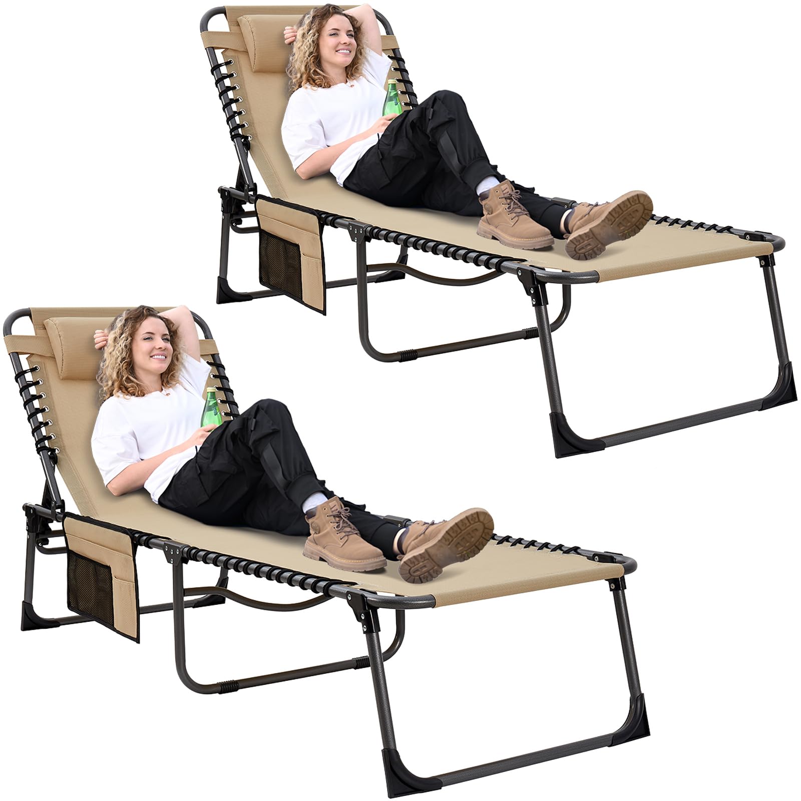 KingCamp Adjustable Folding Lounge Chair - Heavy Duty Portable Chaise Lounge for Pool, Beach, Patio, Lawn & Camping - Lay Flat Recliner with Pillow - Perfect for Sunbathing, Relaxing & Outdoor Leisure Activities