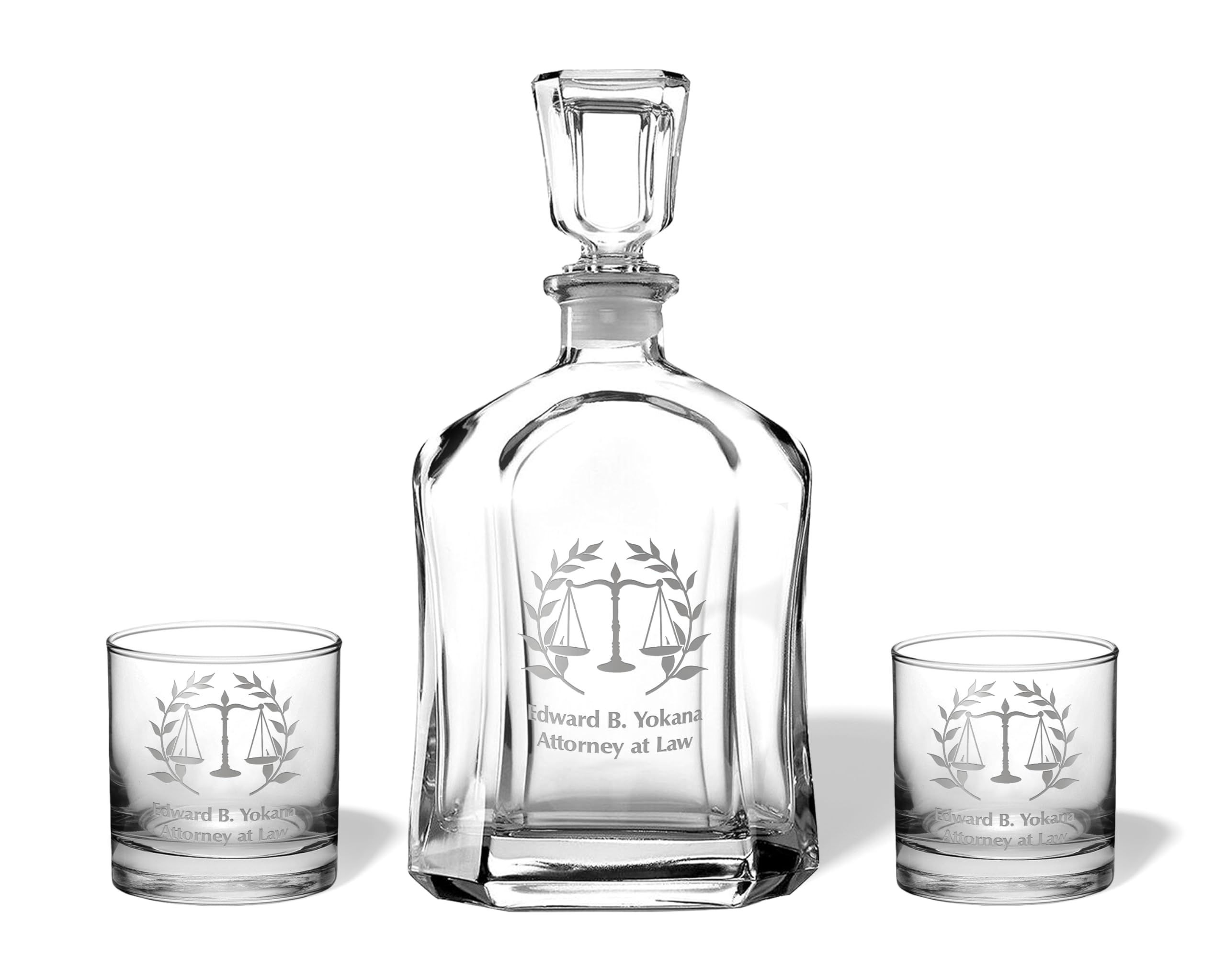 Premium Lawyer Gift Set - Engraved Whiskey Decanter & 2 Glasses with Scales of Justice Design - Perfect Attorney Office Decor, Court Case Celebration, and Whiskey Lover's Gift for Men & Women