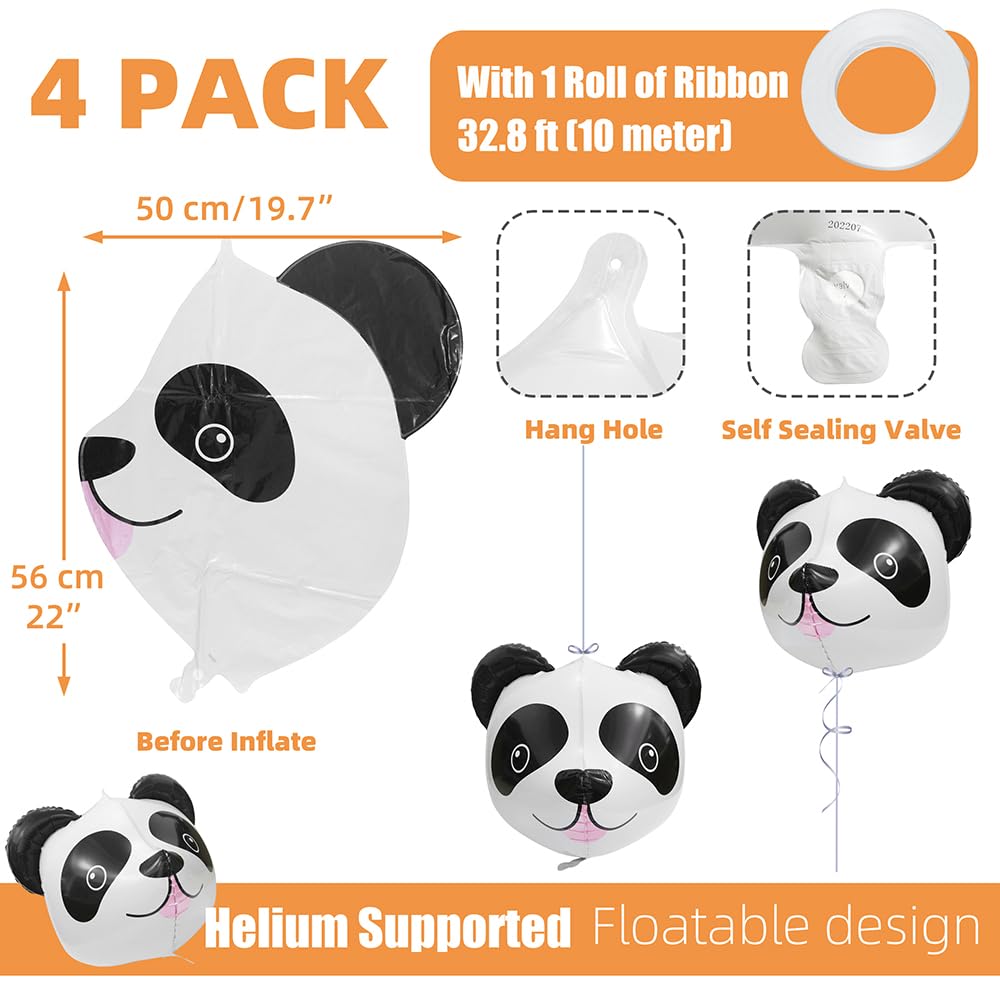 4 Pack Cartoon Panda Head Aluminum Balloons - Zoo Animals Panda Themed Party Supplies for Kids Birthday, Jungle Safari Baby Shower & Wedding Decorations - Perfect for Birthday Parties, Baby Showers, Gender Reveals and Themed Events