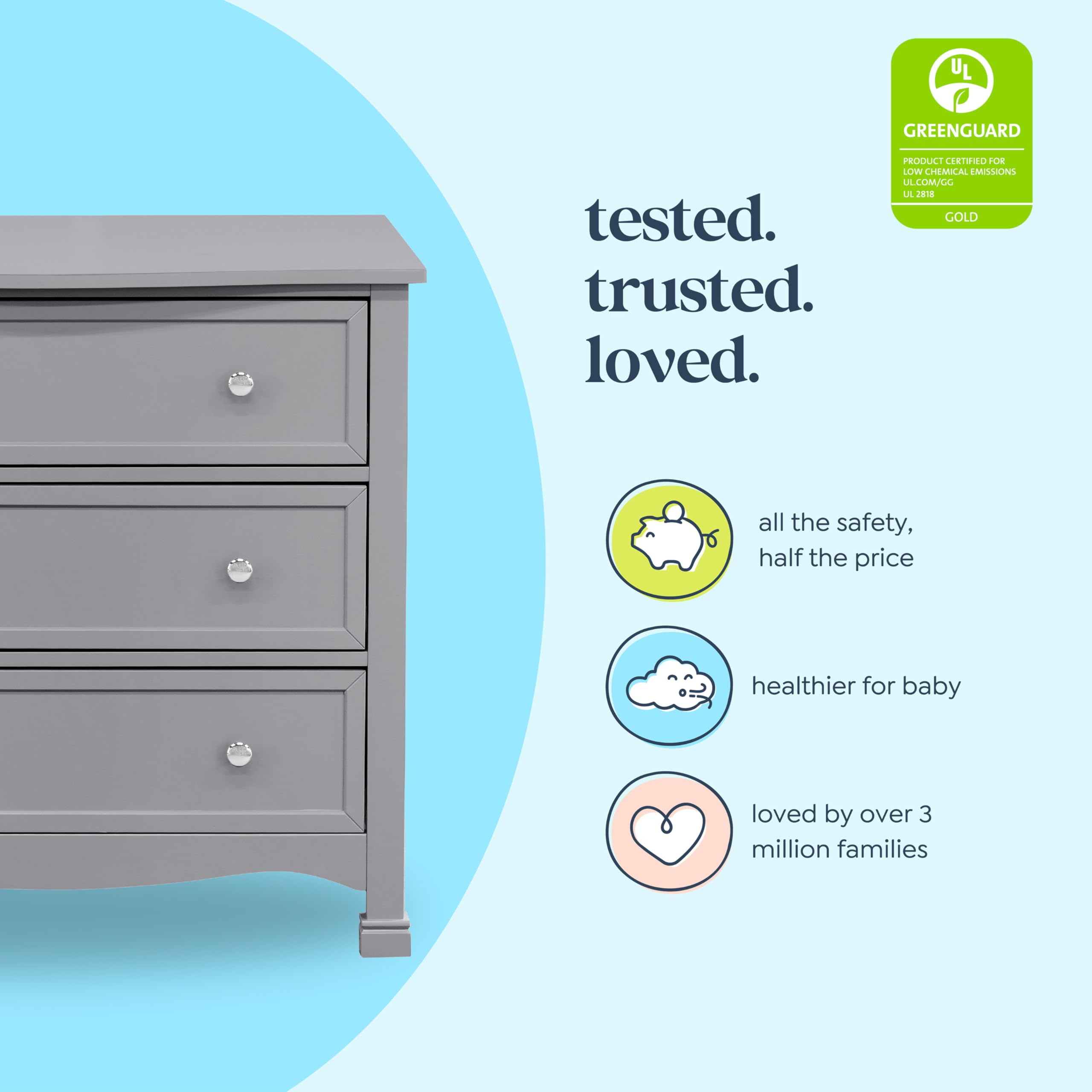 DaVinci Kalani 3-Drawer Grey Dresser for Nursery & Kids Room - Modern Baby Furniture with Ample Storage Space