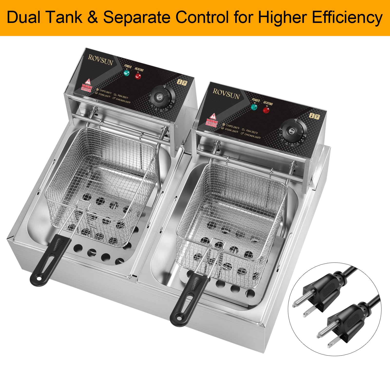 ROVSUN 22.8QT Commercial Electric Deep Fryer with 2 Baskets & Lids - 5000W Stainless Steel Countertop Fryer with Temperature Control - Perfect for French Fries, Chicken Wings, Donuts - Ideal for Restaurants, Food Trucks & Home Kitchens