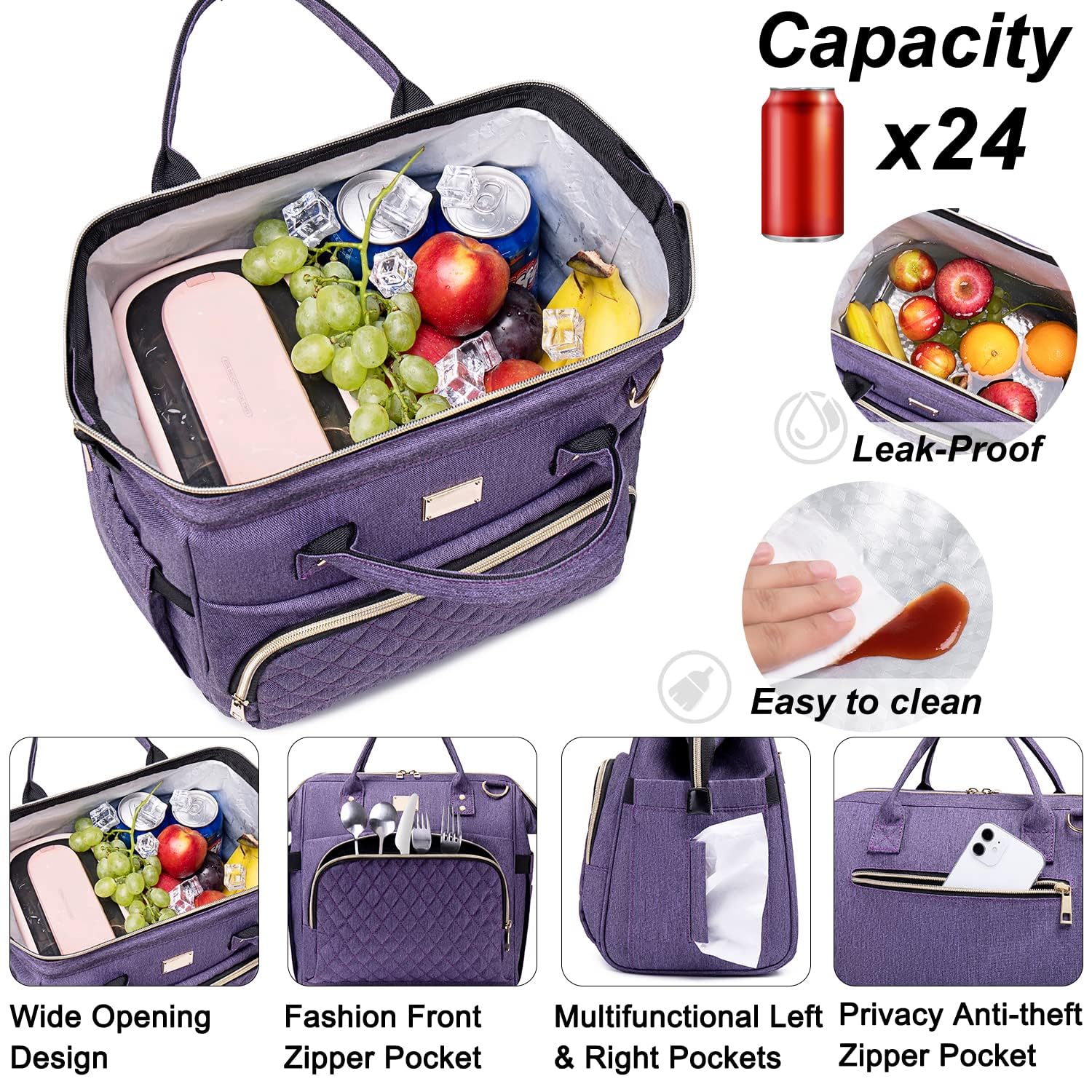 Artelaris Insulated Lunch Bag for Women - Large Leakproof Cooler Tote for Work, Office & School - Reusable Lunch Box & Purse in Purple - Perfect for Meal Prep, Picnics & Daily Commute