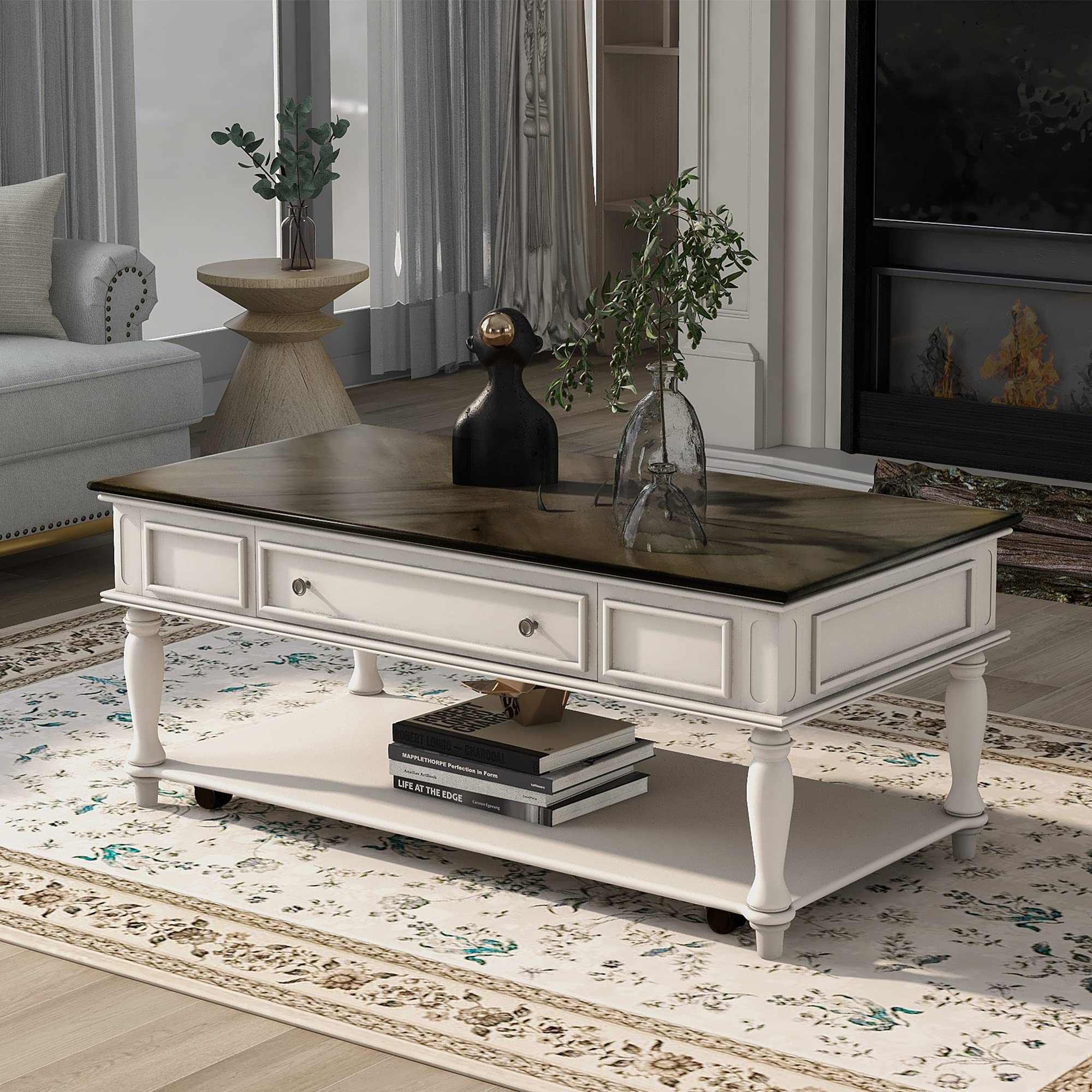 Modern Antique Gray Cocktail Coffee Table with Storage & Caster Wheels - Sofa Table for Living Room, Home Decor, and Entertaining Guests