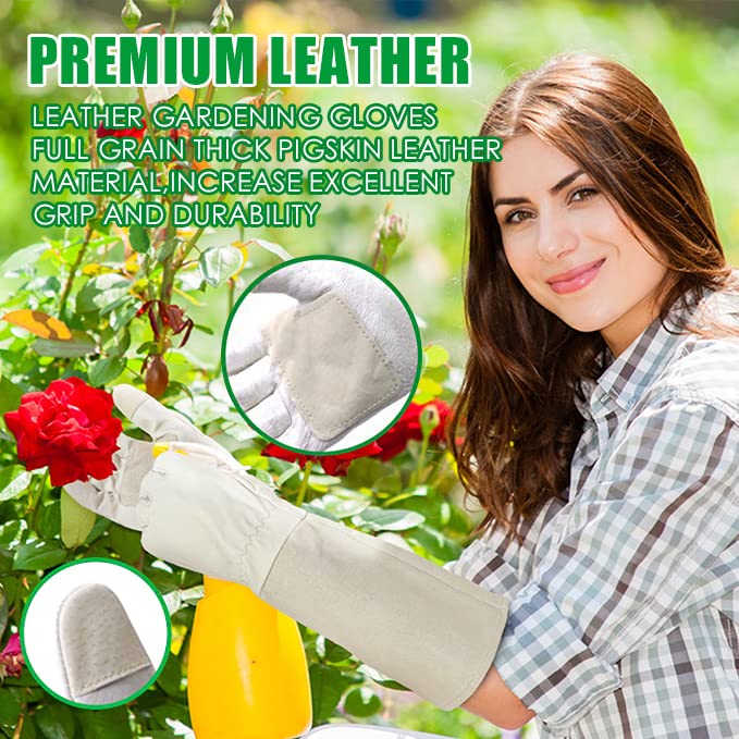 Rose Pruning Gloves Long Sleeve Thorn Proof - Durable Grain Pigskin Leather Gardening Gloves for Men & Women with Extended Gauntlet Protection | Perfect for Rose Bush Care, Landscaping, and Thorny Plant Handling