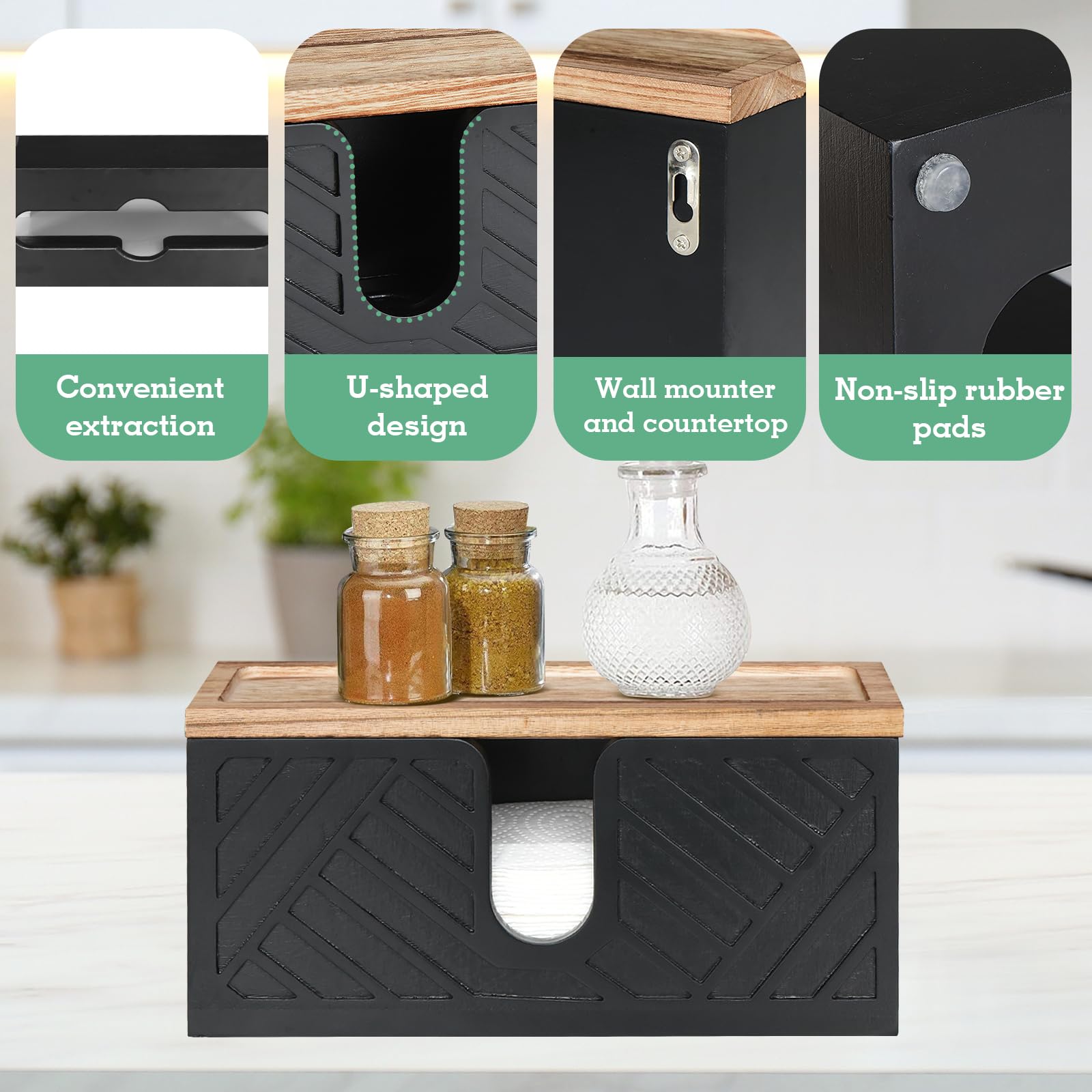 Solid Wood Paper Towel Holder Wall Mounted - Black | Kitchen & Bathroom Organizer for Easy Access & Space Saving
